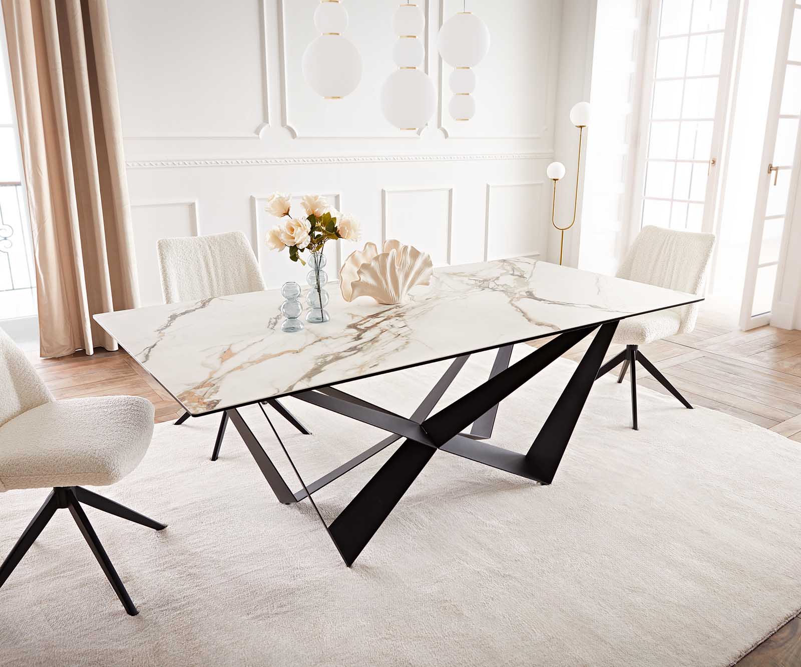Stół do jadalni Edge 200x100 cm ceramika Calacatta Luxe biało-złoto-szary rama Spider metal czarna