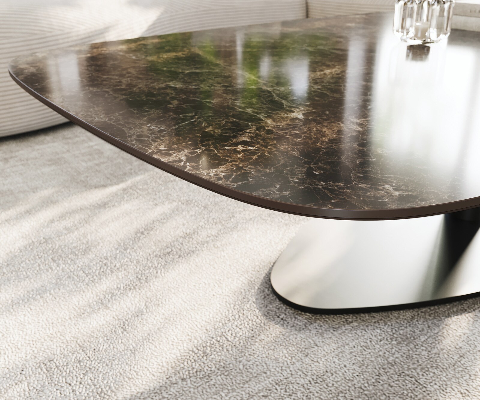 Stolik kawowy Edge w kształcie beczki 140x80 cm ceramika Laminam® Emperador Extra Lucidato ciemnobrązowy Vibany czarny metal 6