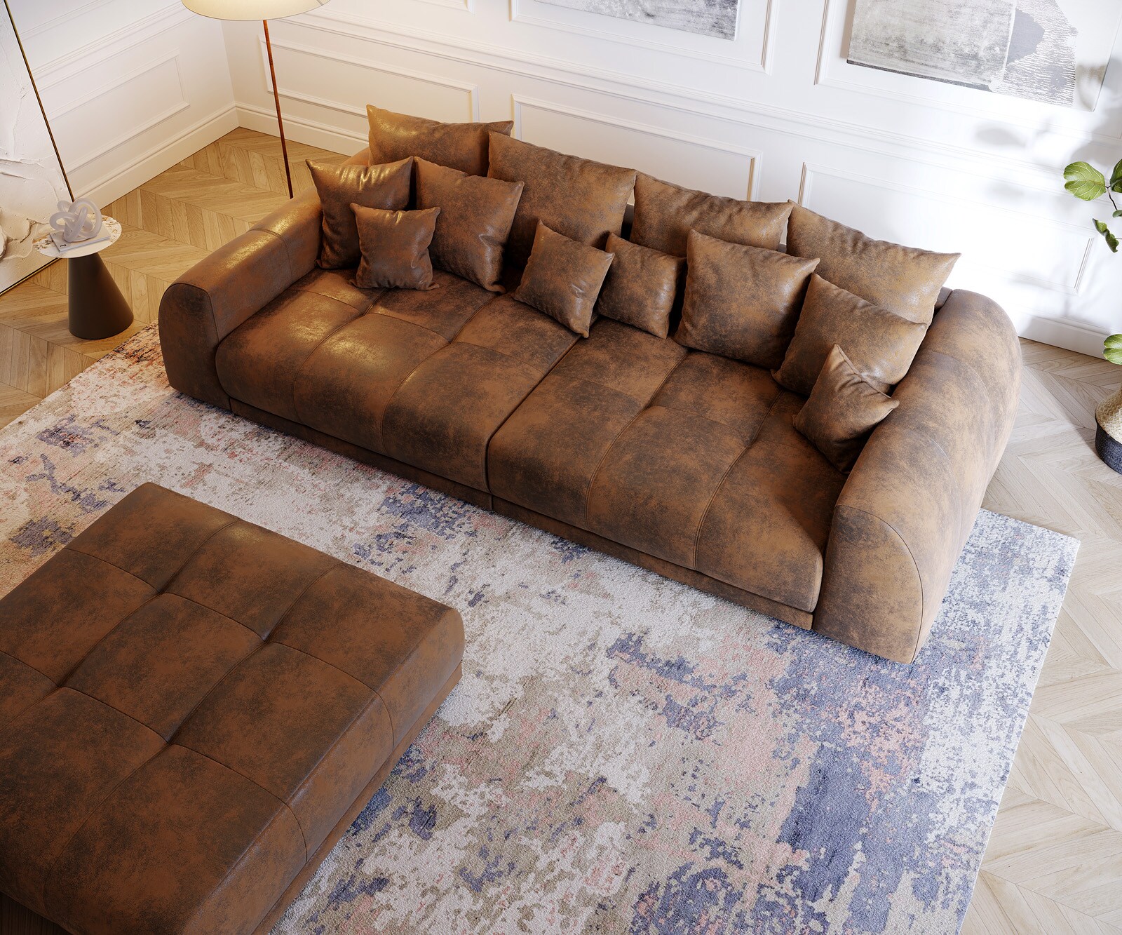 Sofa Violetta XL 310x135cm brązowy antyczny z pufem i poduszkami 3