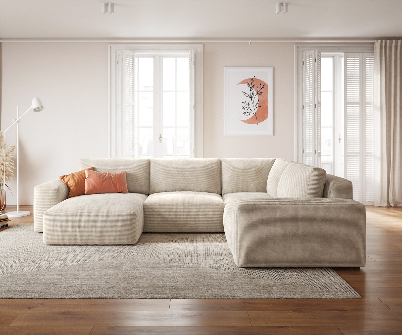 Sofa w kształcie litery U Lanzo L 330x230 cm sztruks beżowy szezlong z możliwością obustronnego montażu 1
