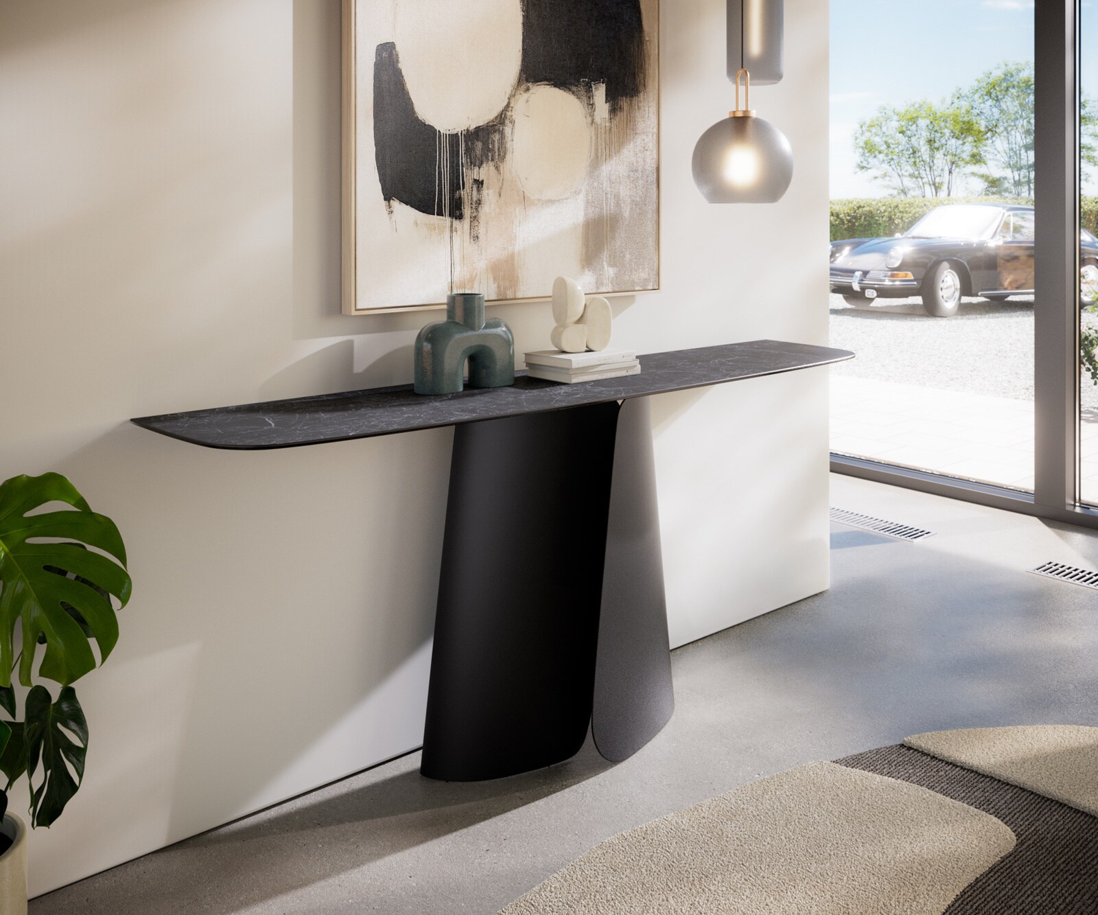 Konsola Edge w kształcie beczki 180x40 cm Laminam® Nero Greco antracytowa podstawa Livos metal czarny 4