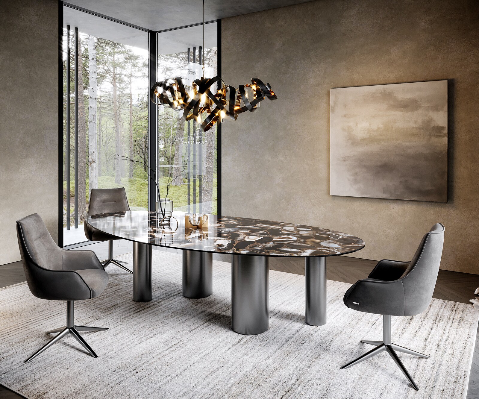 Stół do jadalni Edge owalny 280x130cm ceramika Iris FMG Agatablack rama Pilier stal nierdzewna grafit 5