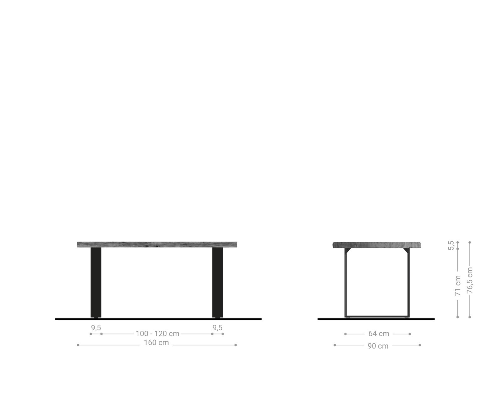 Stół do jadalni Edge 160x90cm XL akacja naturalna stal nierdzewna wąska rama live-edge 5
