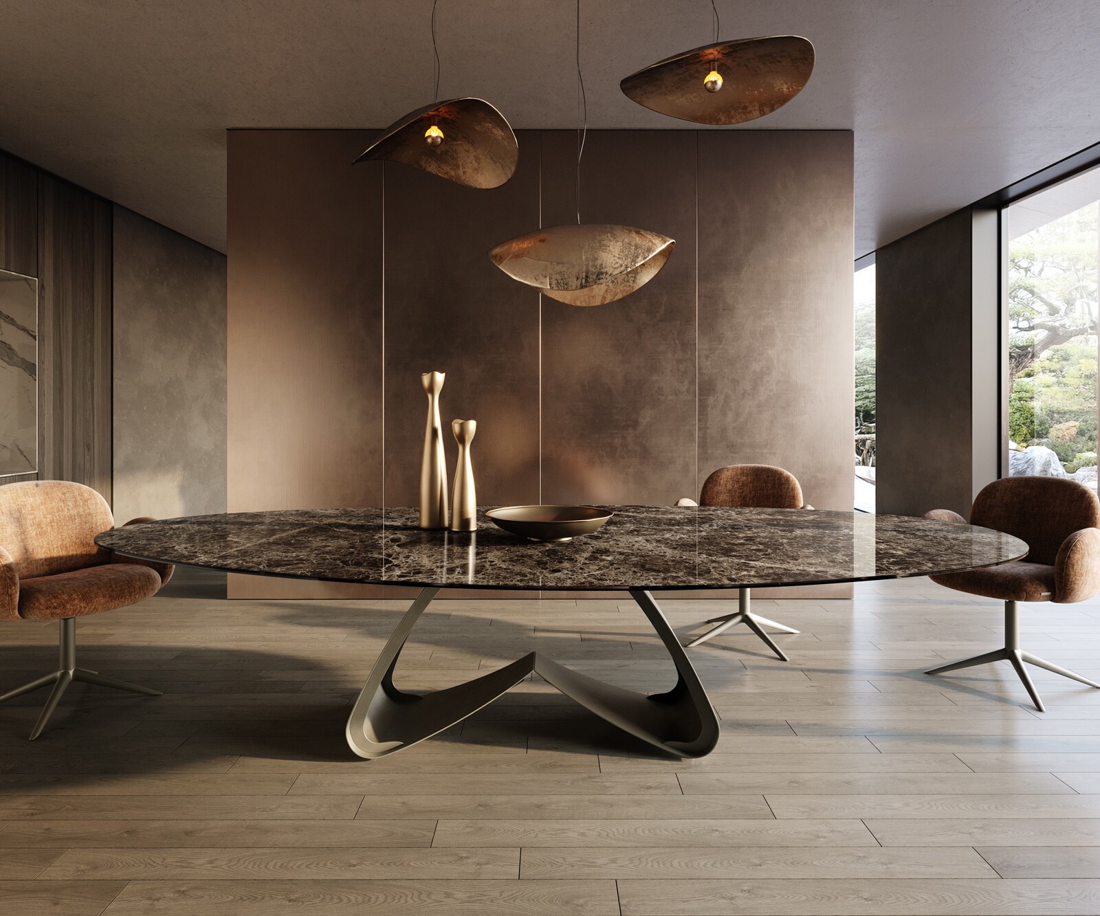 Stół do jadalni Edge owalny 315x150 cm ceramika Emperador Extra Lucidato ciemnobrązowa rama typu W metal w kolorze tytanu 1