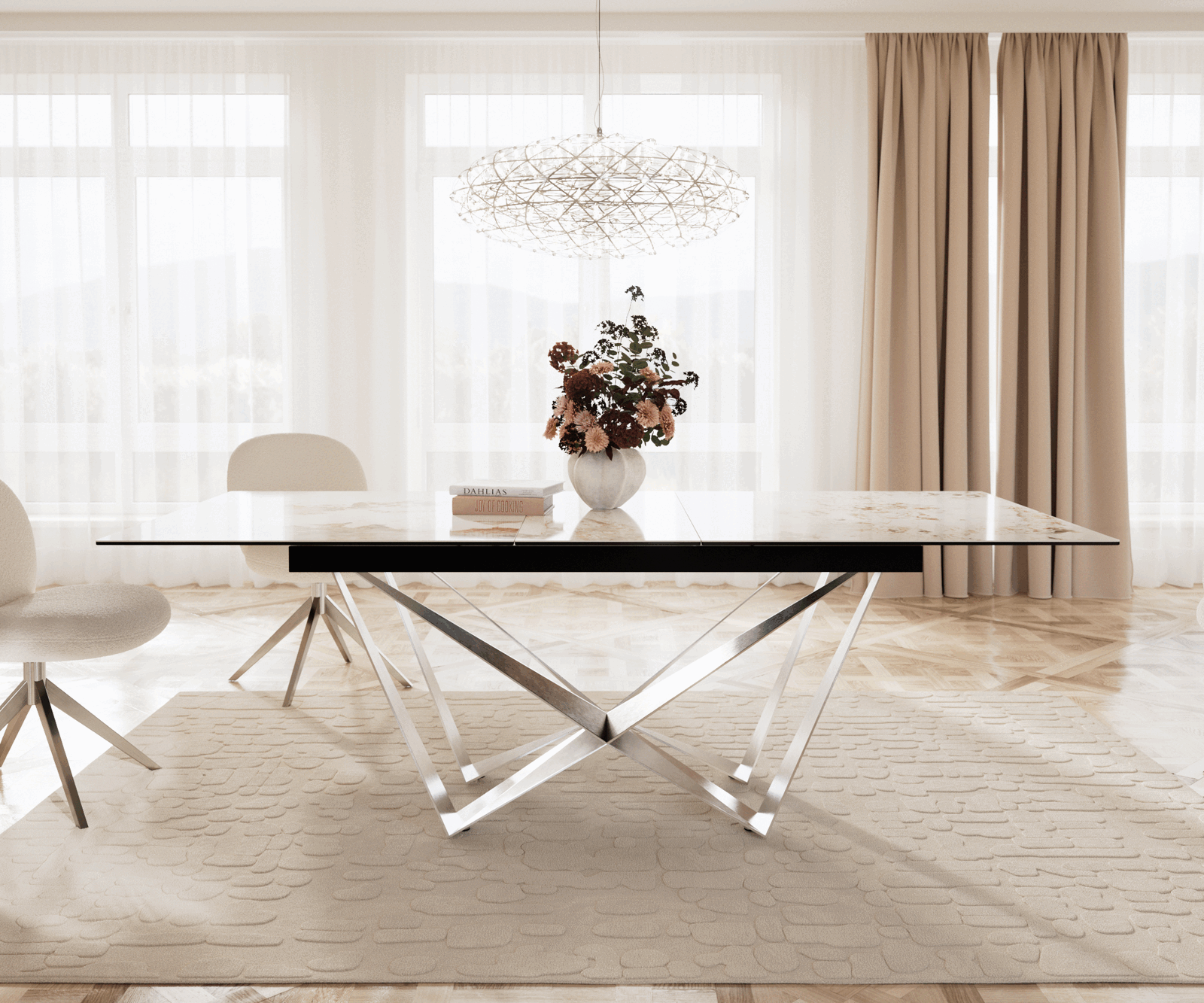 Stół do jadalni Edge 180-220x100 cm ceramika Minas Melange biało-beżowy rama Spider stal nierdzewna rozkładany 1