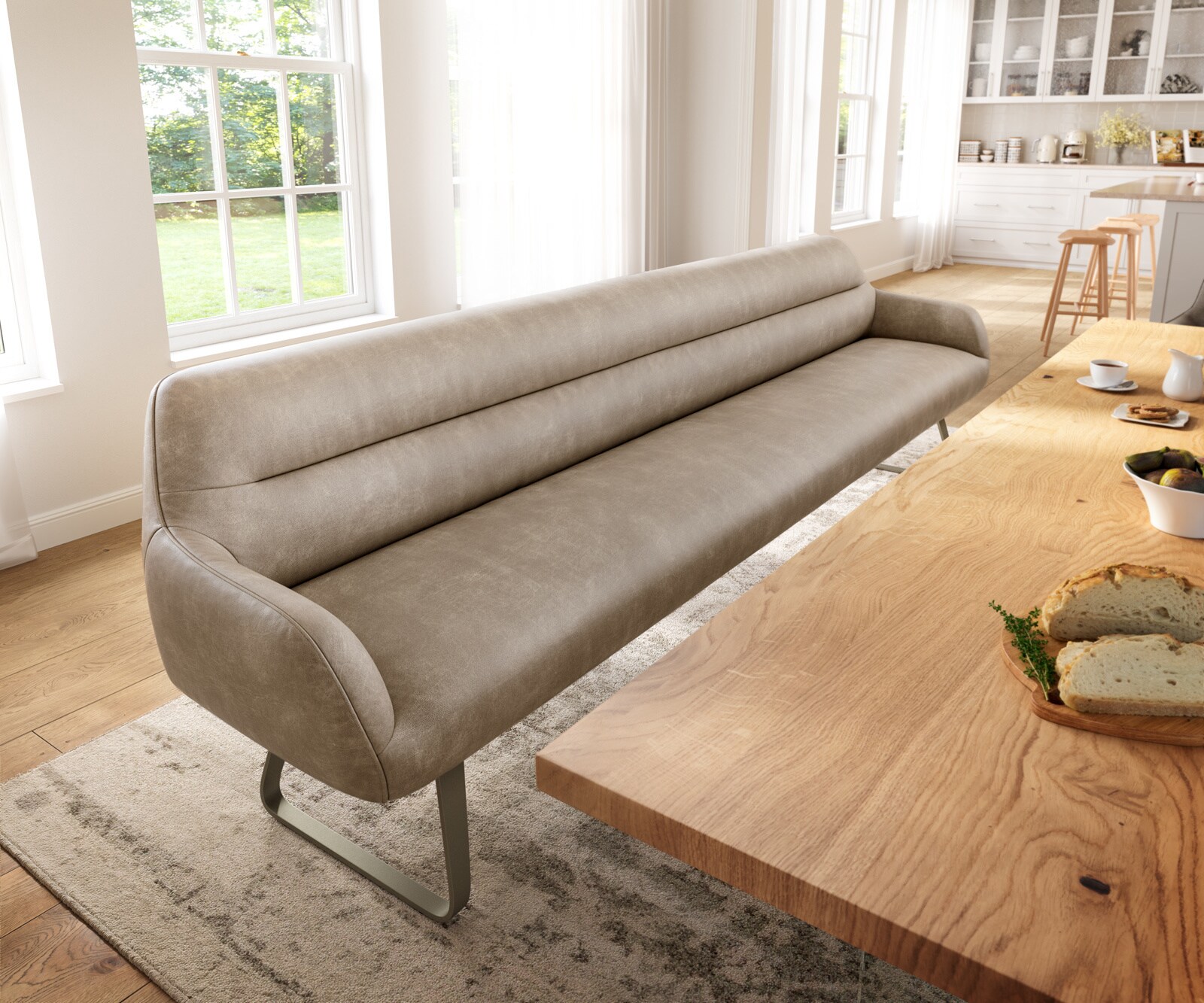 Ławka do jadalni Taya-Flex 300 cm mikrofibra beżowy vintage podstawa płozowa płaska w kolorze tytanu sprężyny kieszeniowe 1