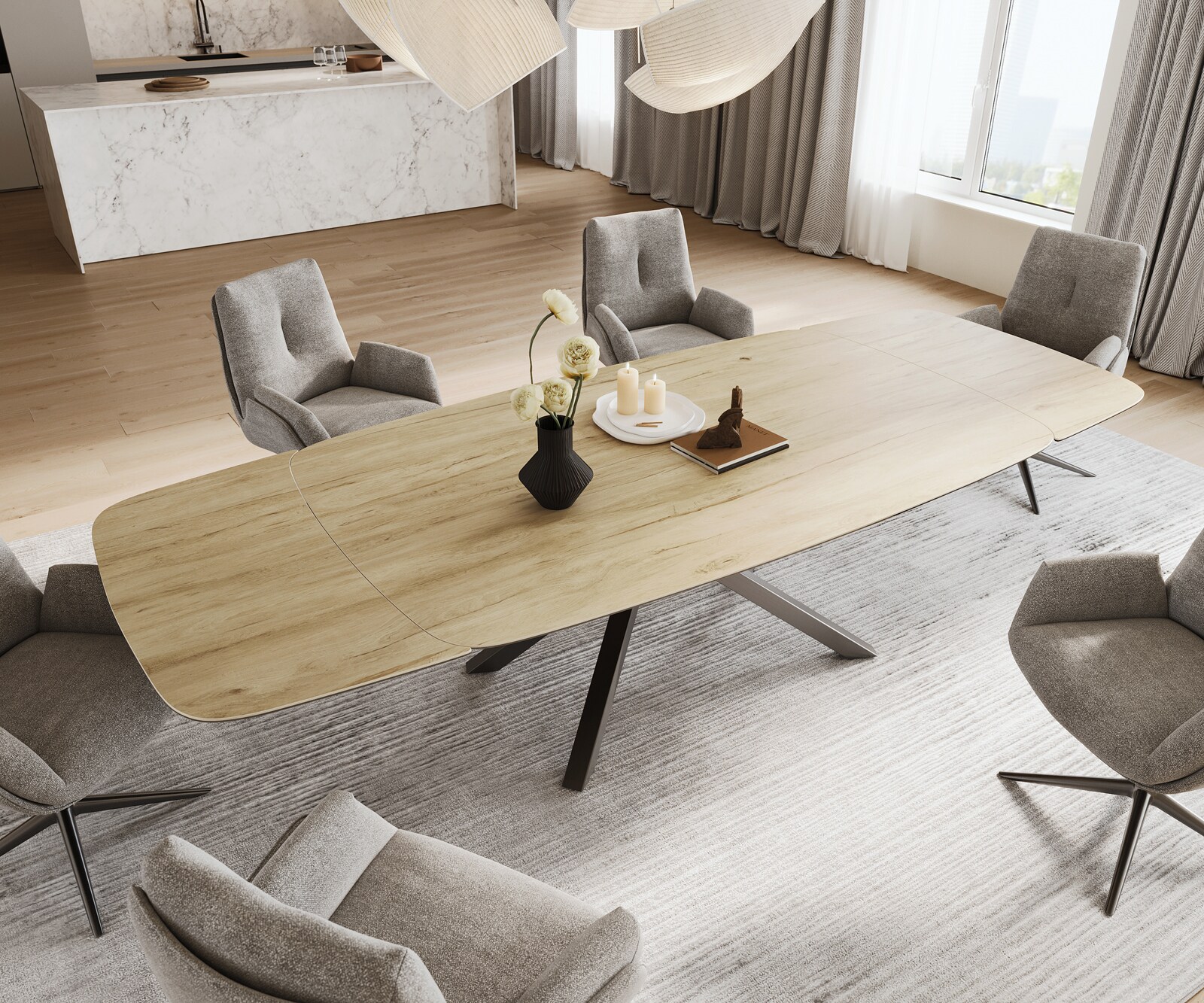 Stół do jadalni Edge w kształcie beczki 200-300x120 cm ceramika Laminam® Sabbia w kolorze dębu rama Cross stal nierdzewna kolor grafitowy rozkładany 4
