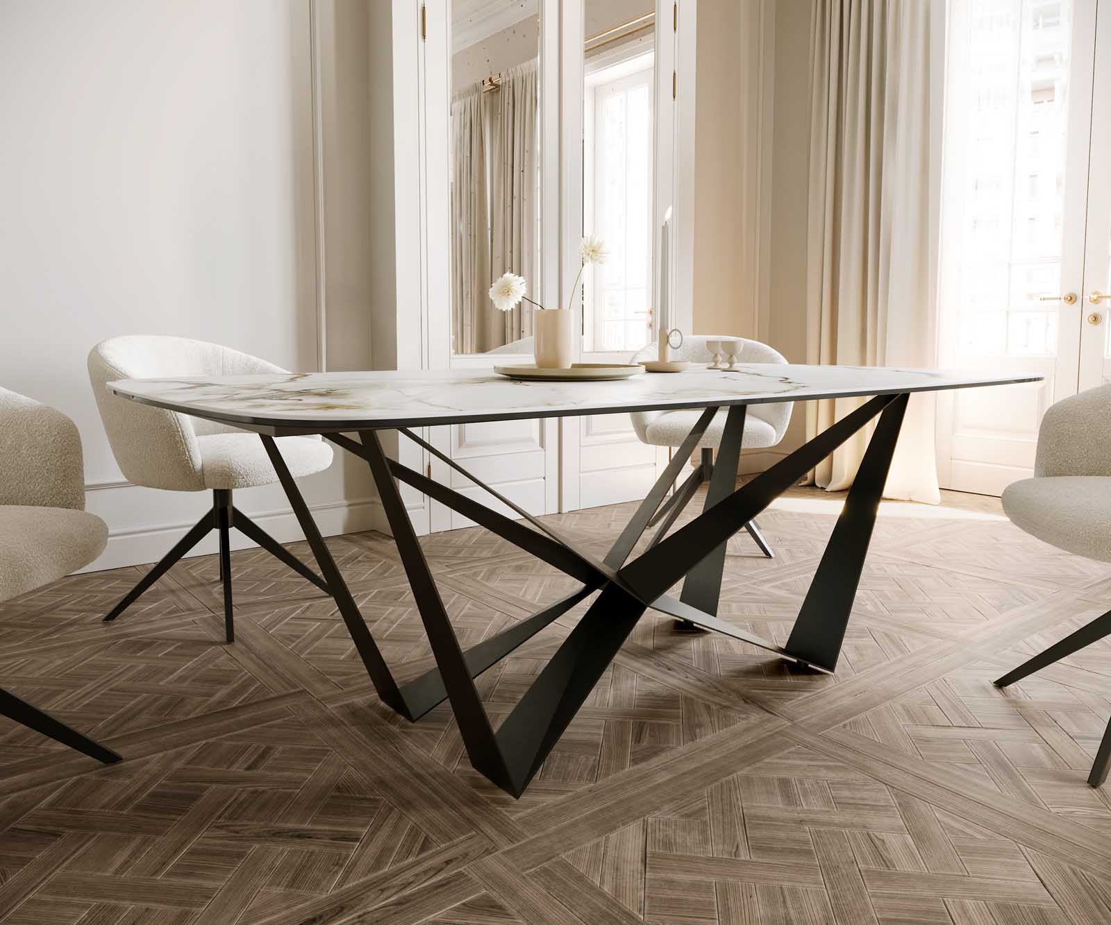 Stół do jadalni Edge kształt beczki 200x100cm ceramika Calacatta Luxe biało-złoto-szary rama Spider metal czarna 5