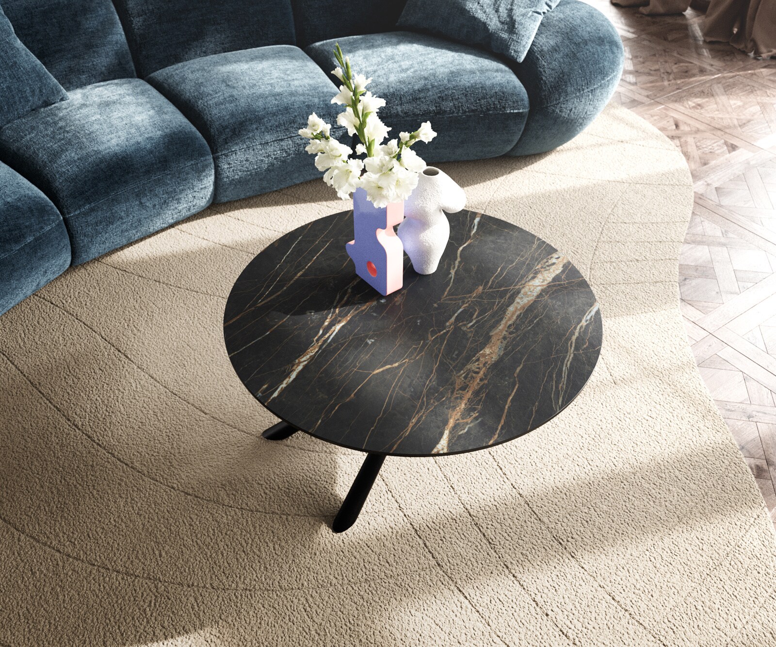 Stolik kawowy Edge okrągły 90x90 cm ceramika Laminam® Noir Desir brązowa podstawa Sarity metal czarny 4