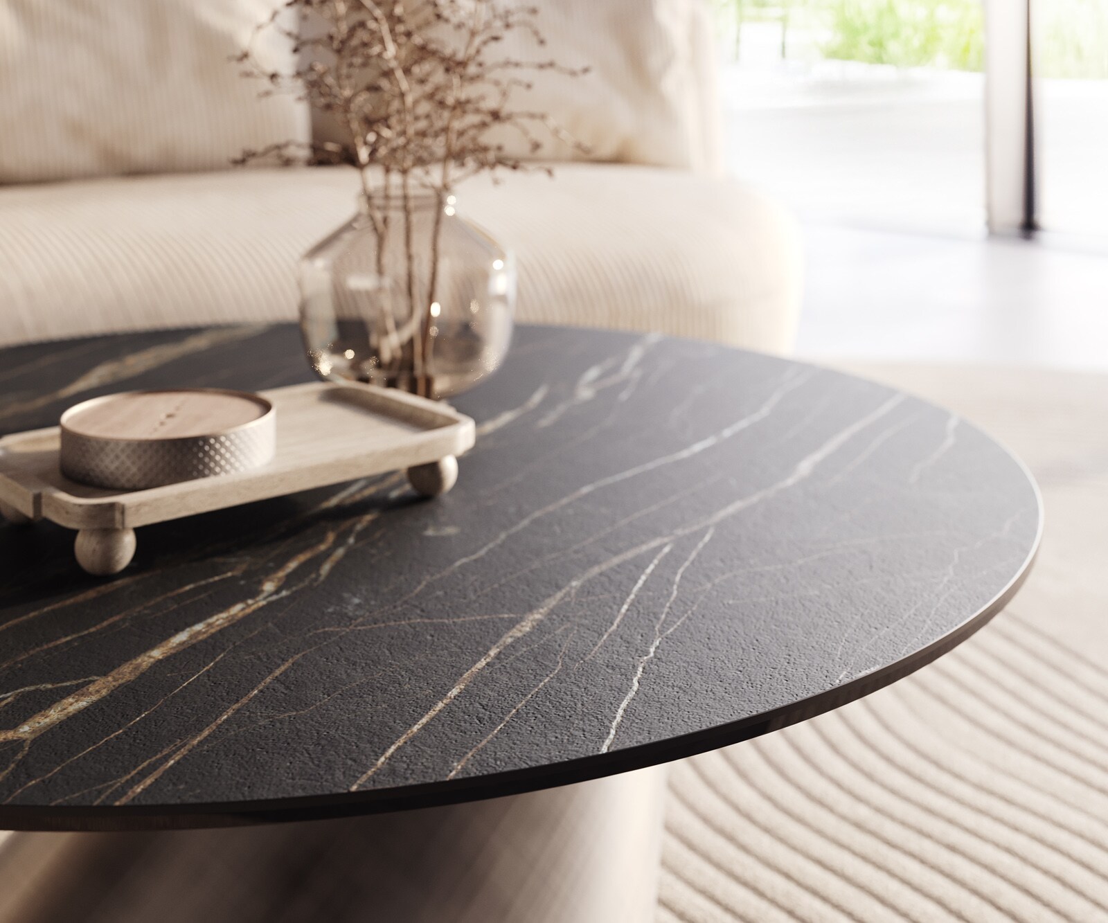 Stolik kawowy Edge okrągły 100x100 cm ceramika Laminam® Noir Desir brązowy Conis srebrny metaliczny 4