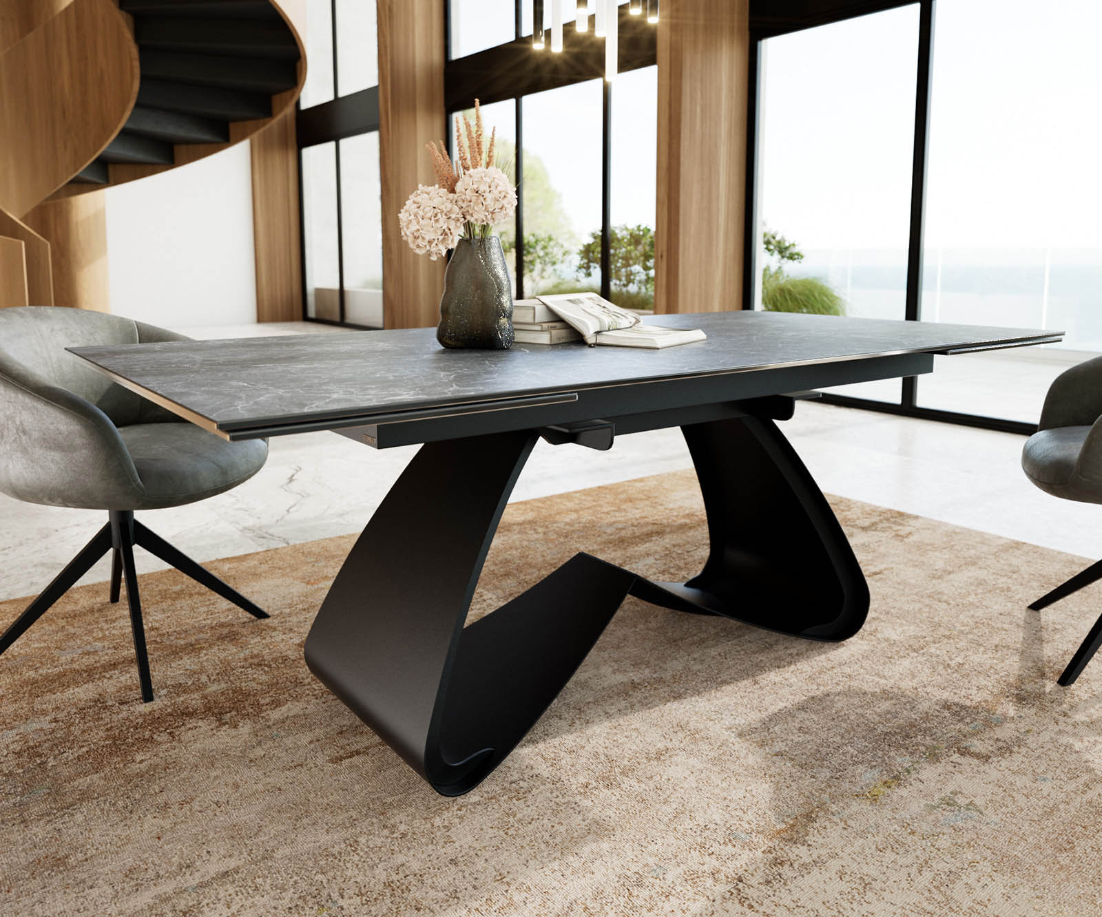 Stół do jadalni Edge 200-300x100 cm ceramika Laminam® Nero Greco antracyt rama W czarna rozkładany 4