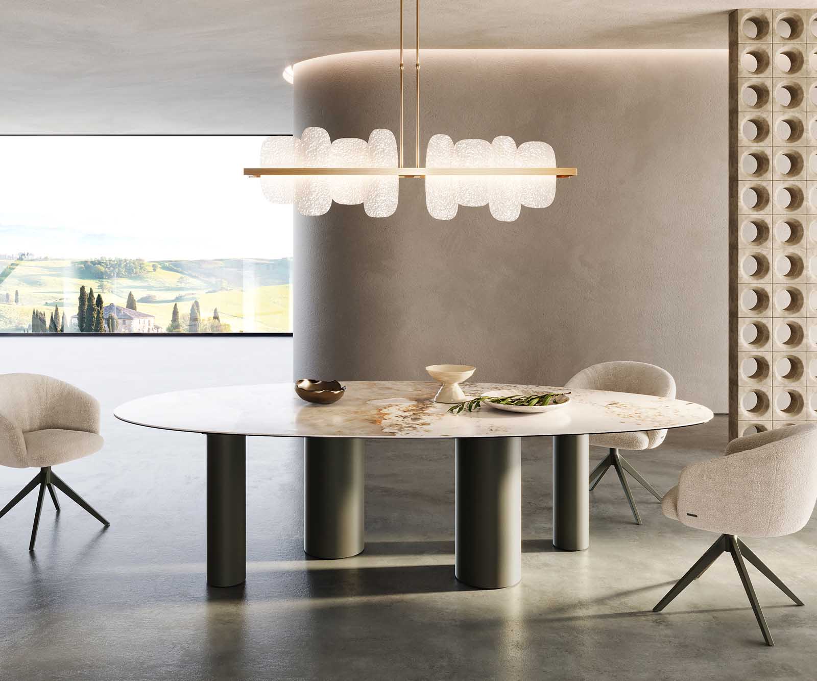 Stół do jadalni Edge owalny 280x130cm ceramika Minas Melange biało-beżowy rama Pilier metal kolor tytanowy 1