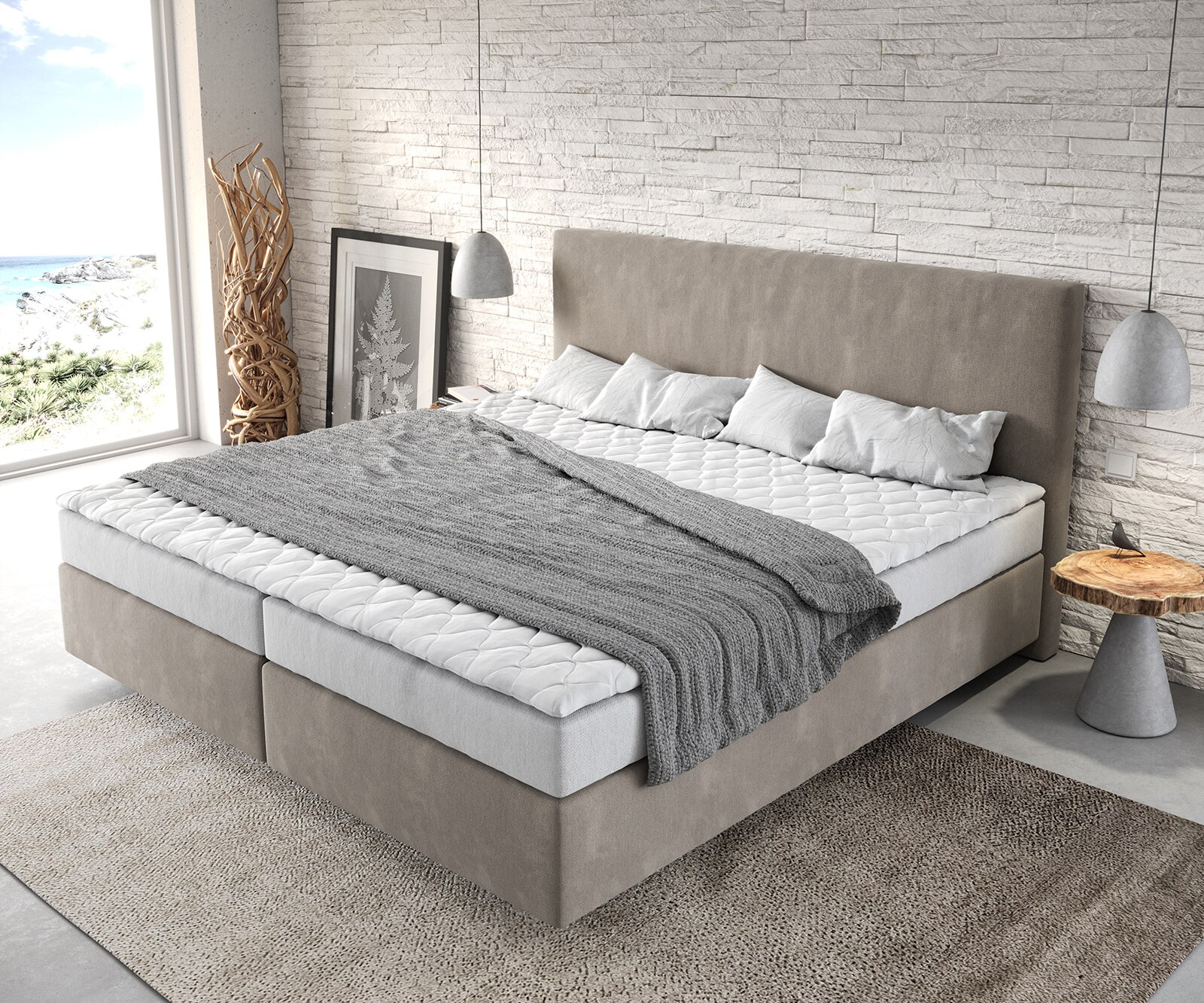 Łóżko kontynentalne Dream-Well mikrofibra beżowa 200x200cm materac bonellowy topper PU 3