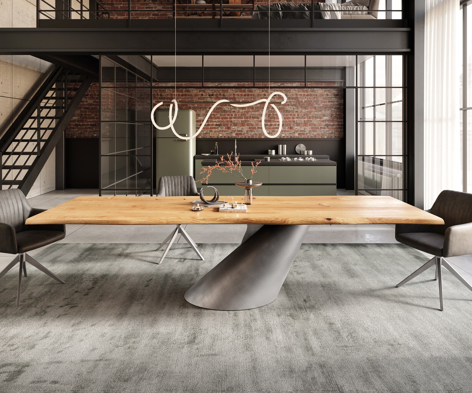 Stół do jadalni Edge 300x100x4cm dąb naturalny rama Cono metaliczny srebrny live-edge 2