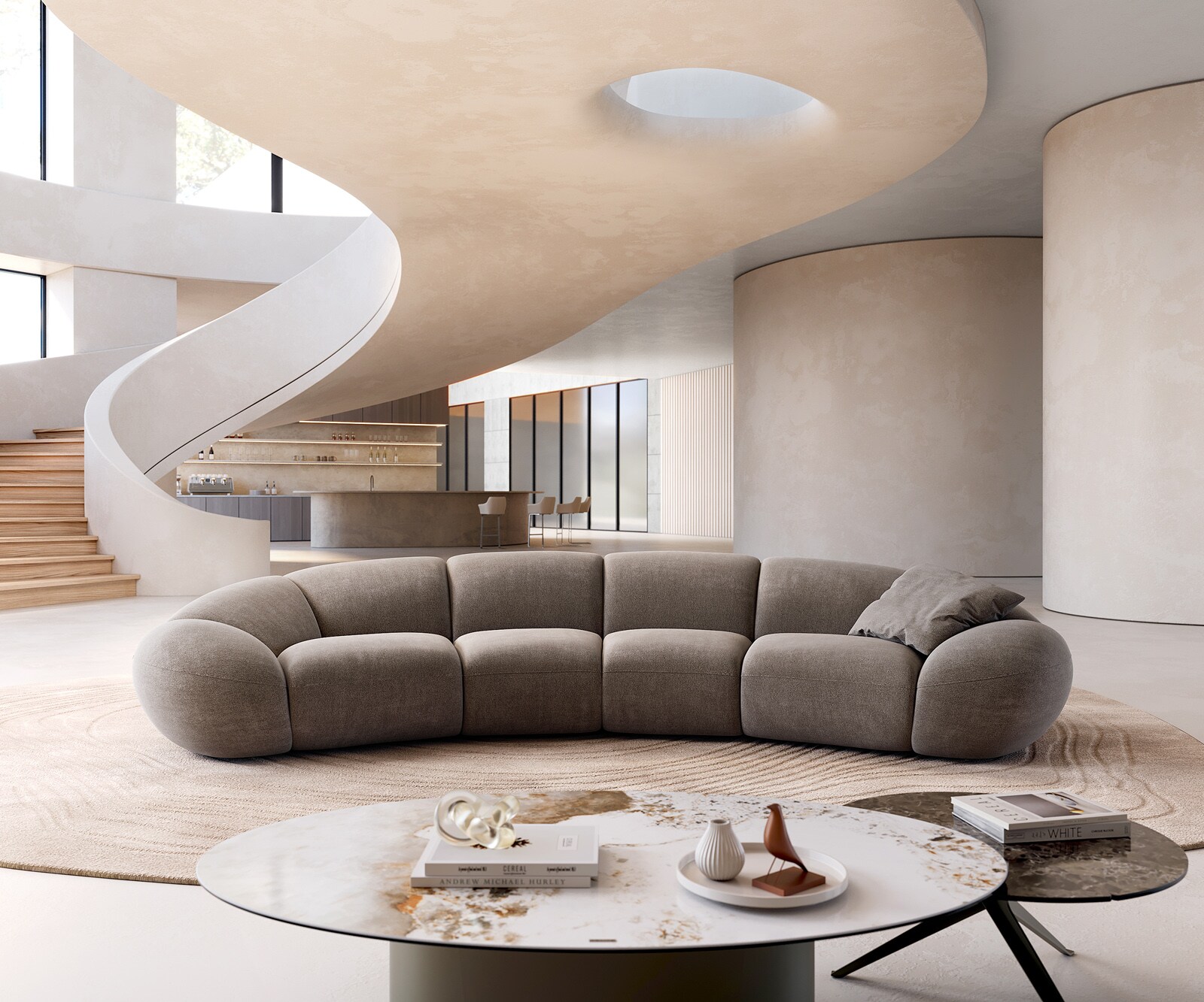 Sofa Lunna 360x175 cm miękka tkanina strukturalna szaro-brązowa 2 poduszki