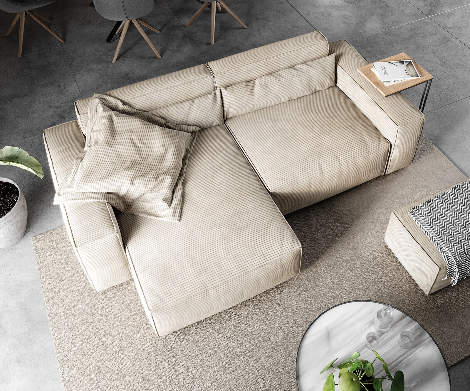 Sofa narożna Sirpio 230x155 cm sztruks beżowy szezlong z możliwością obustronnego montażu z pufem 3