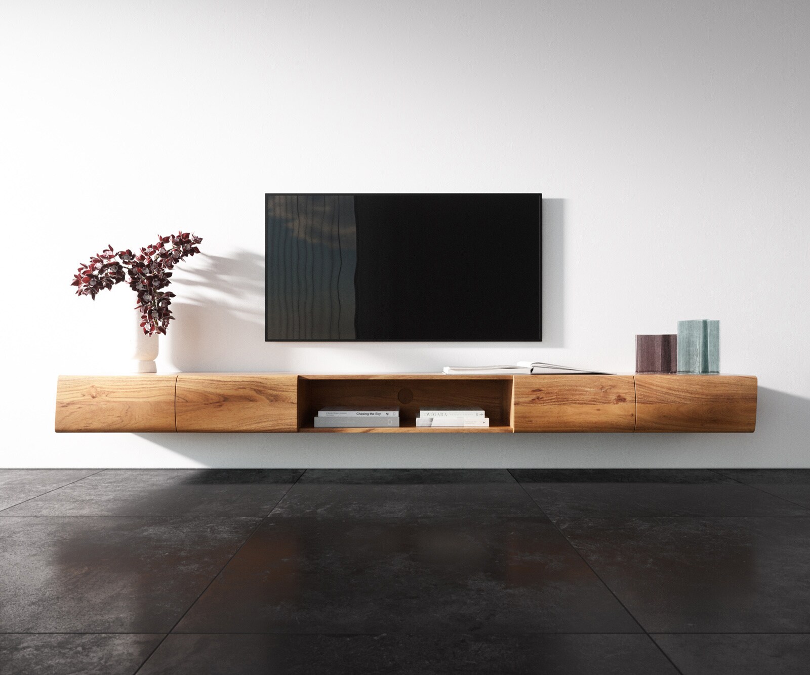 Szafka RTV New Live-Edge 240 cm akacja naturalna 4 drzwi 1 przegroda podwieszana 3