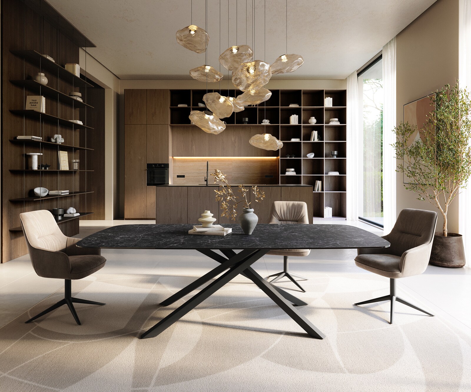 Stół do jadalni Edge w kształcie beczki 240x120 ceramika Laminam® Nero Greco antracytowa rama Cross czarna 2