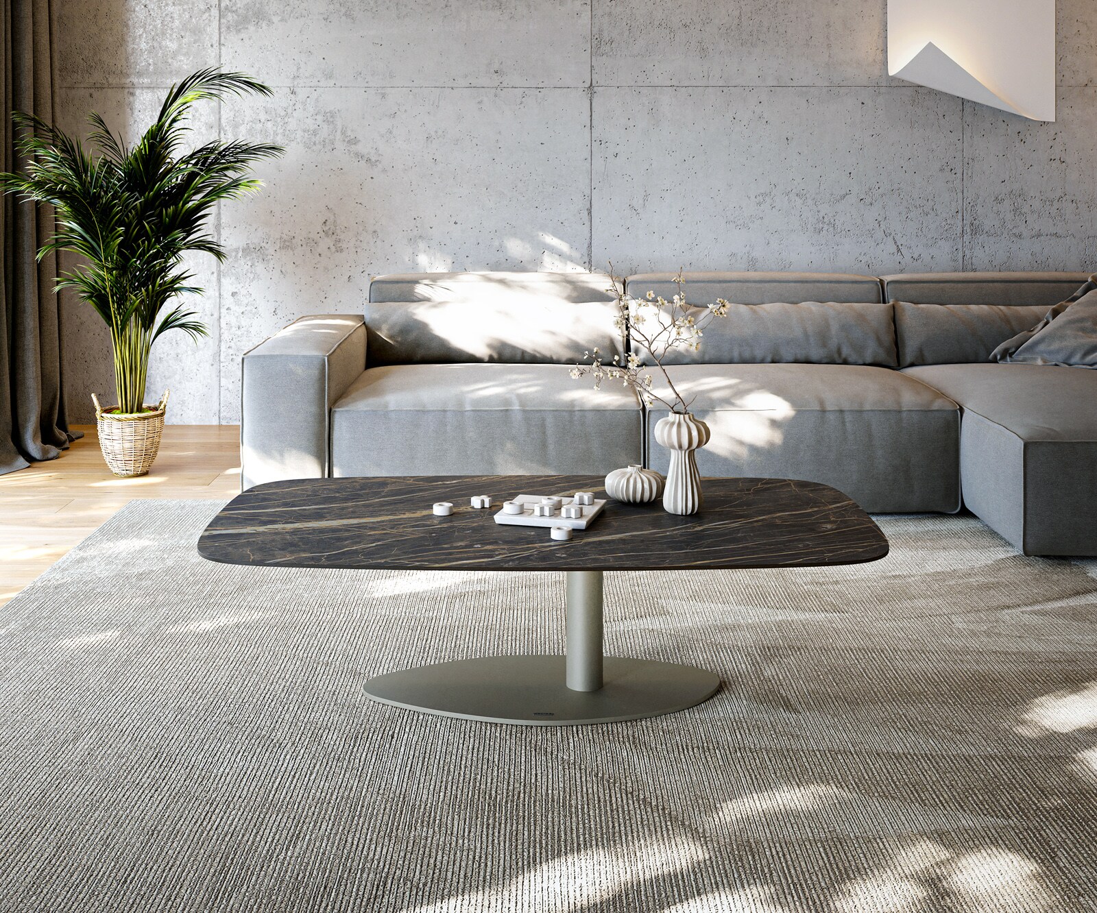 Stolik kawowy Edge w kształcie beczki 140x80 cm ceramika Laminam® Noir Desir brązowy Vibany wykończenie tytanowe 1