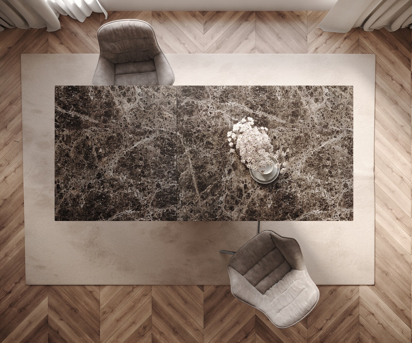 Stół do jadalni Edge 180-220x100cm ceramika Laminam® Emperador Extra Lucidato ciemnobrązowy rama Wave stal nierdzewna rozkładany 5