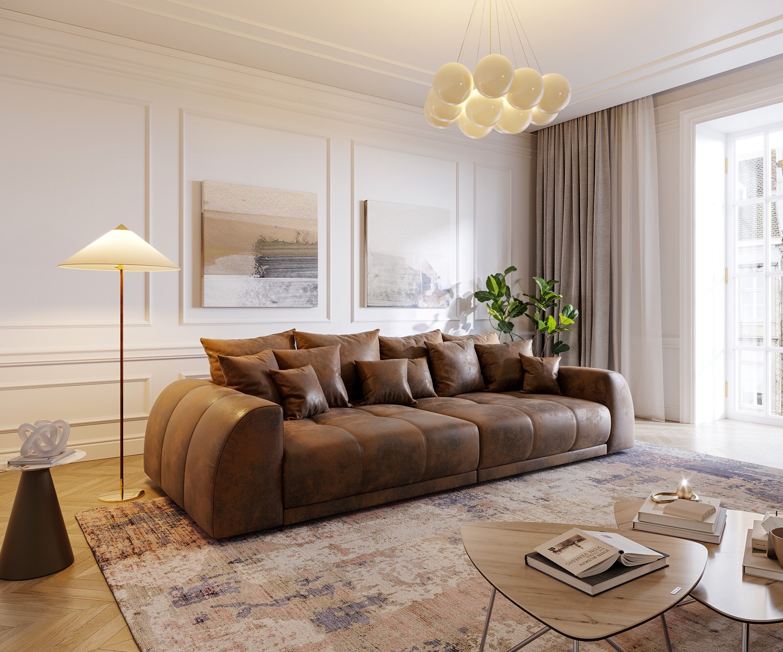 Sofa Violetta XL 310x135cm brązowy antyczny z poduszkami