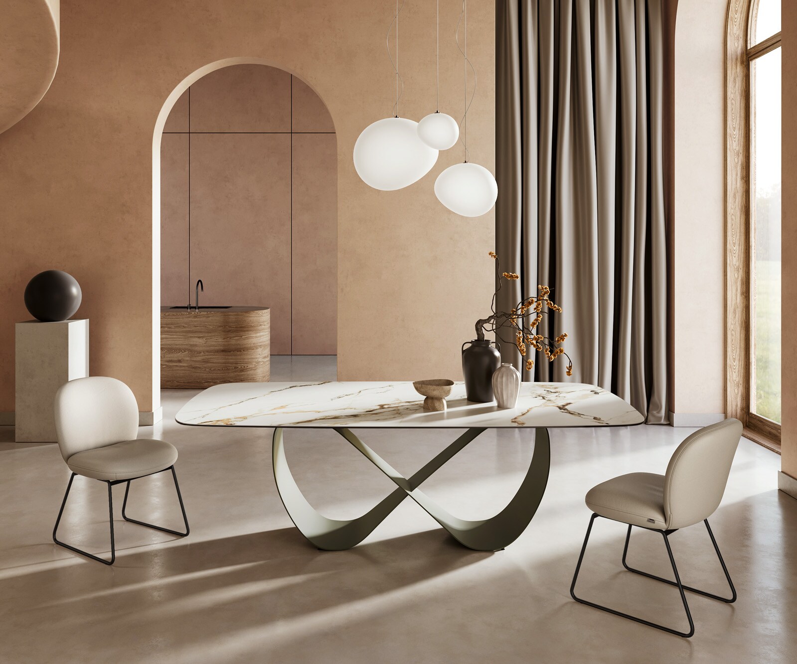 Stół do jadalni Edge kształt beczki 240x120cm ceramika Calacatta Luxe biało-złoto-szary rama Infinity metal kolor tytanowy