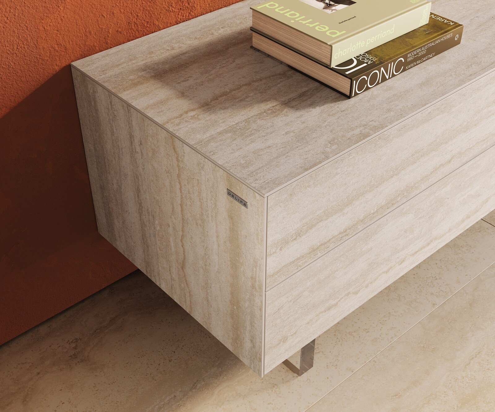 Szafka RTV Cuor 180 cm ceramika Laminam® Travertino Bianco kremowo-biała 1 klapa 2 szuflady nóżki akrylowe 6