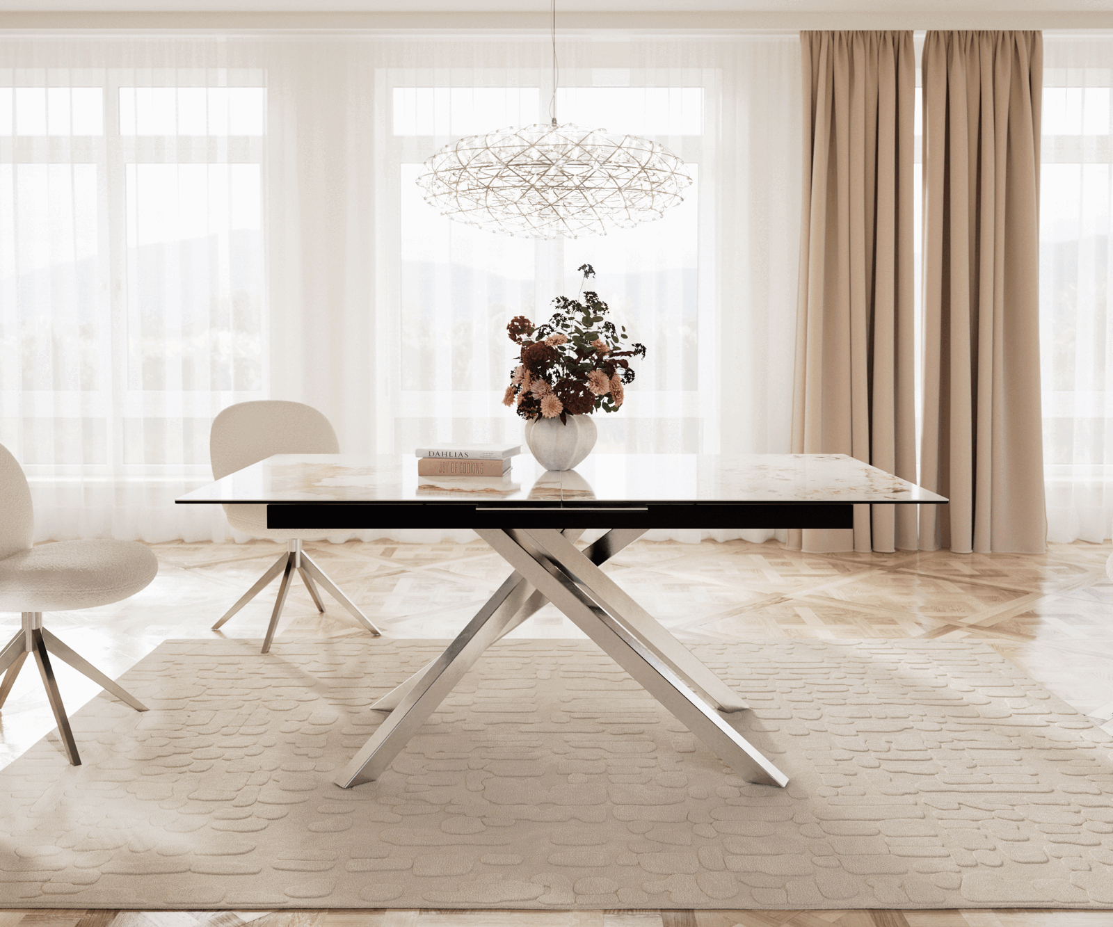 Stół do jadalni Edge 180-220x100 cm ceramika Minas Melange biało-beżowy rama Cross stal nierdzewna rozkładany 1