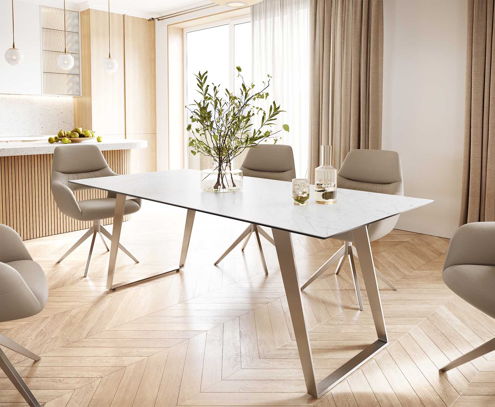 Stół do jadalni Edge 200x100 cm ceramika Laminam® Statuarietto biały stal nierdzewna pochylona rama