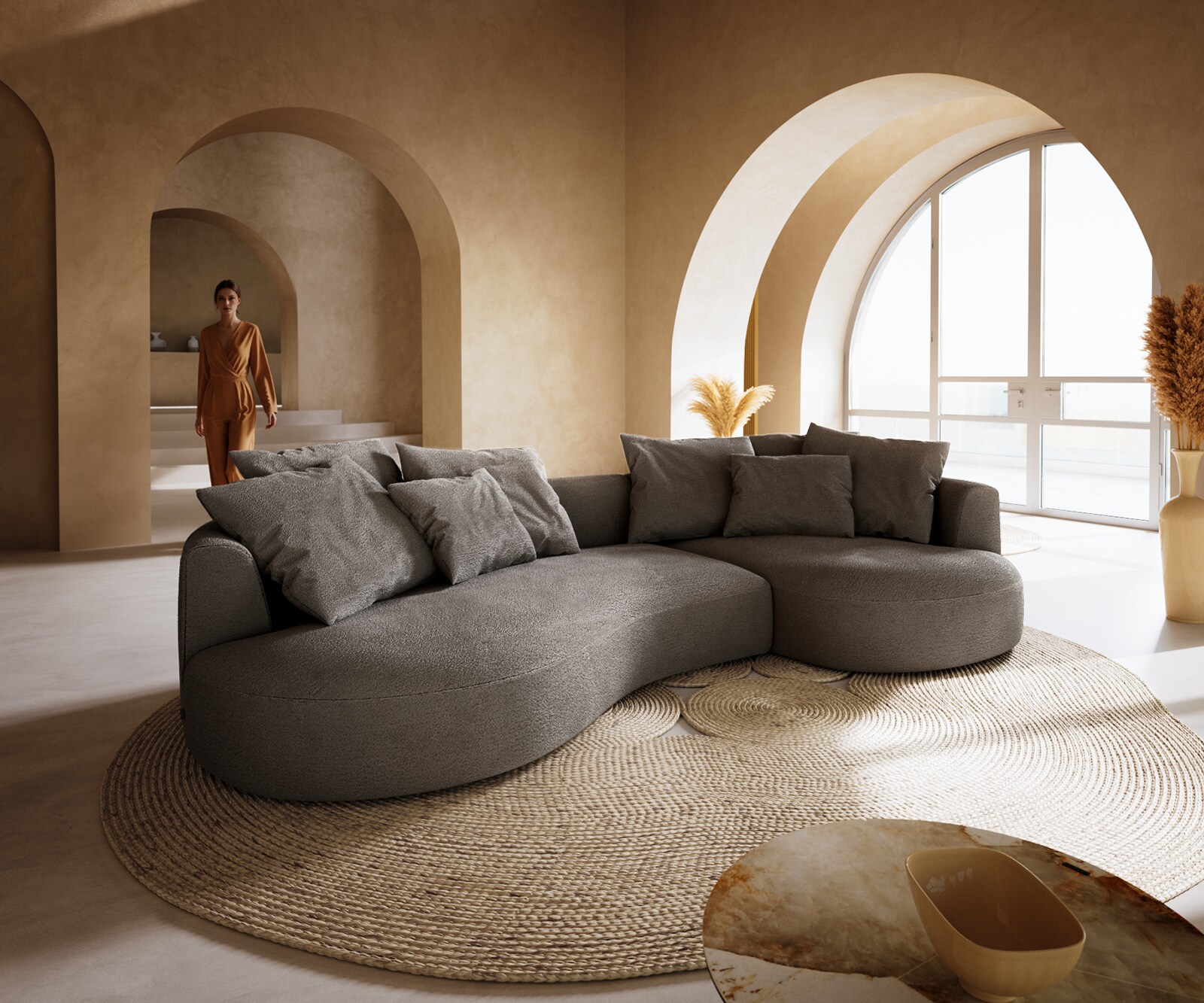 Duża Sofa Edina 330x170 cm miękka tkanina boculé szaro-brązowy