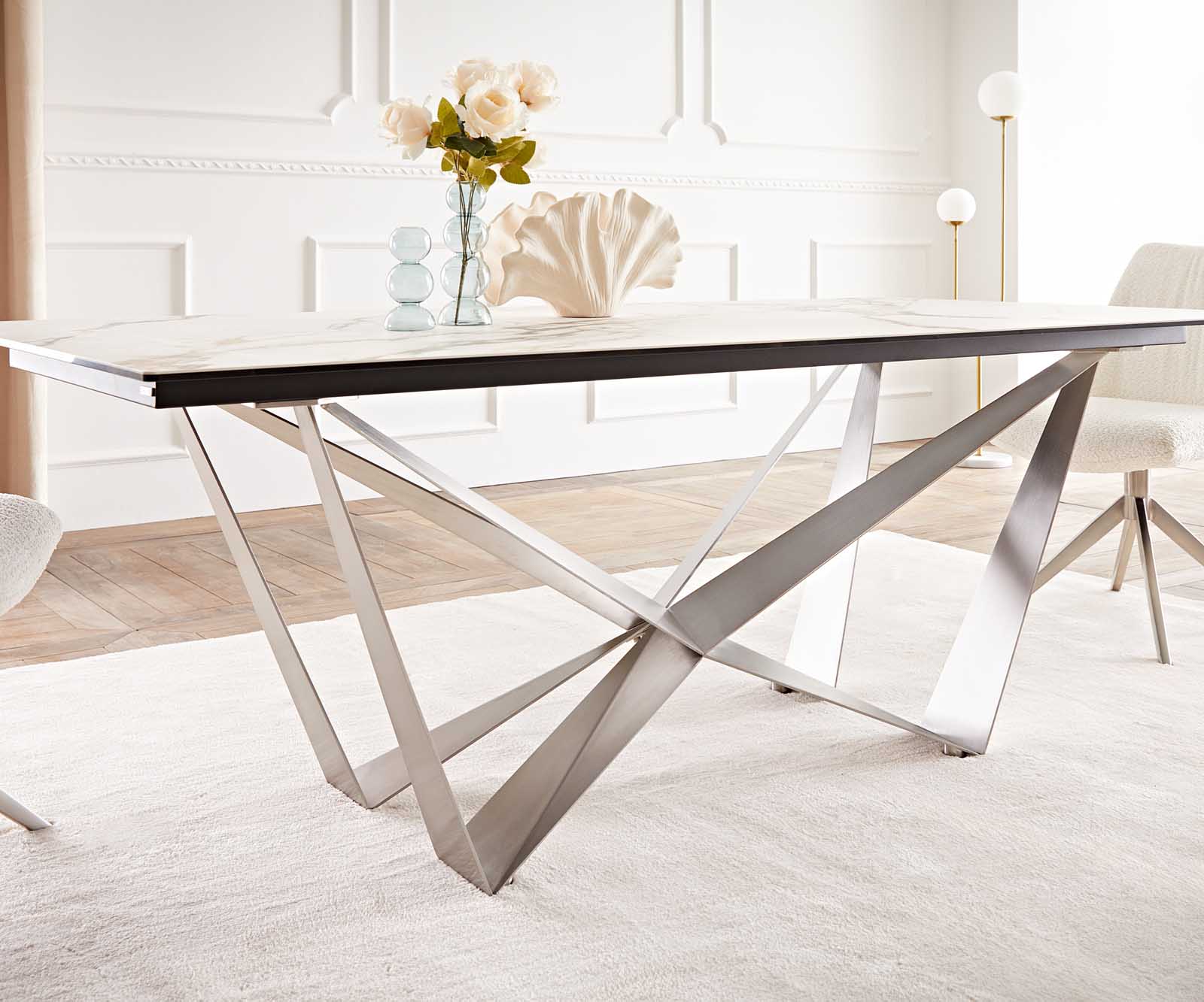 Stół do jadalni Edge 200x100 cm ceramika Calacatta Luxe biało-złoto-szary rama Spider stal nierdzewna 6