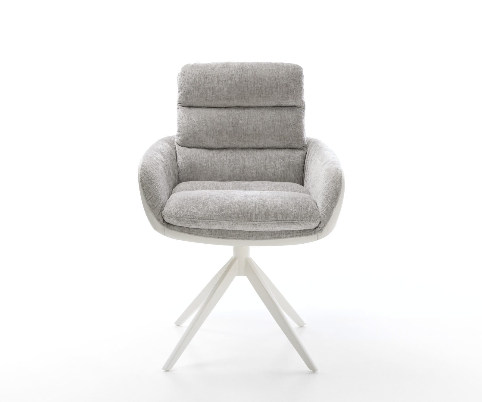 Krzesło do jadalni Abelia-Flex z podłokietnikami mieszanka materiałów skóra naturalna/szenil kolor biało-srebrno-szary rama krzyżowa szeroka biała obracane o 360° funkcja kołyski 1