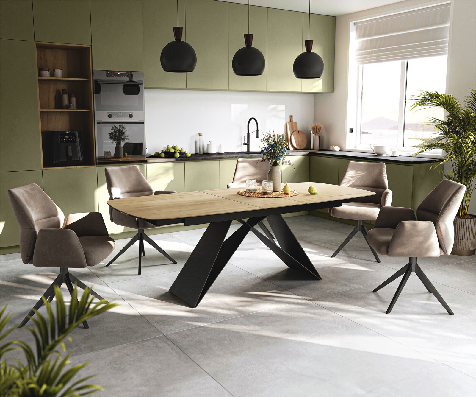 Stół do jadalni Edge w kształcie beczki 180-220x100 cm ceramika Laminam® Sabbia w kolorze dębu rama typu V metal czarny rozkładany 6
