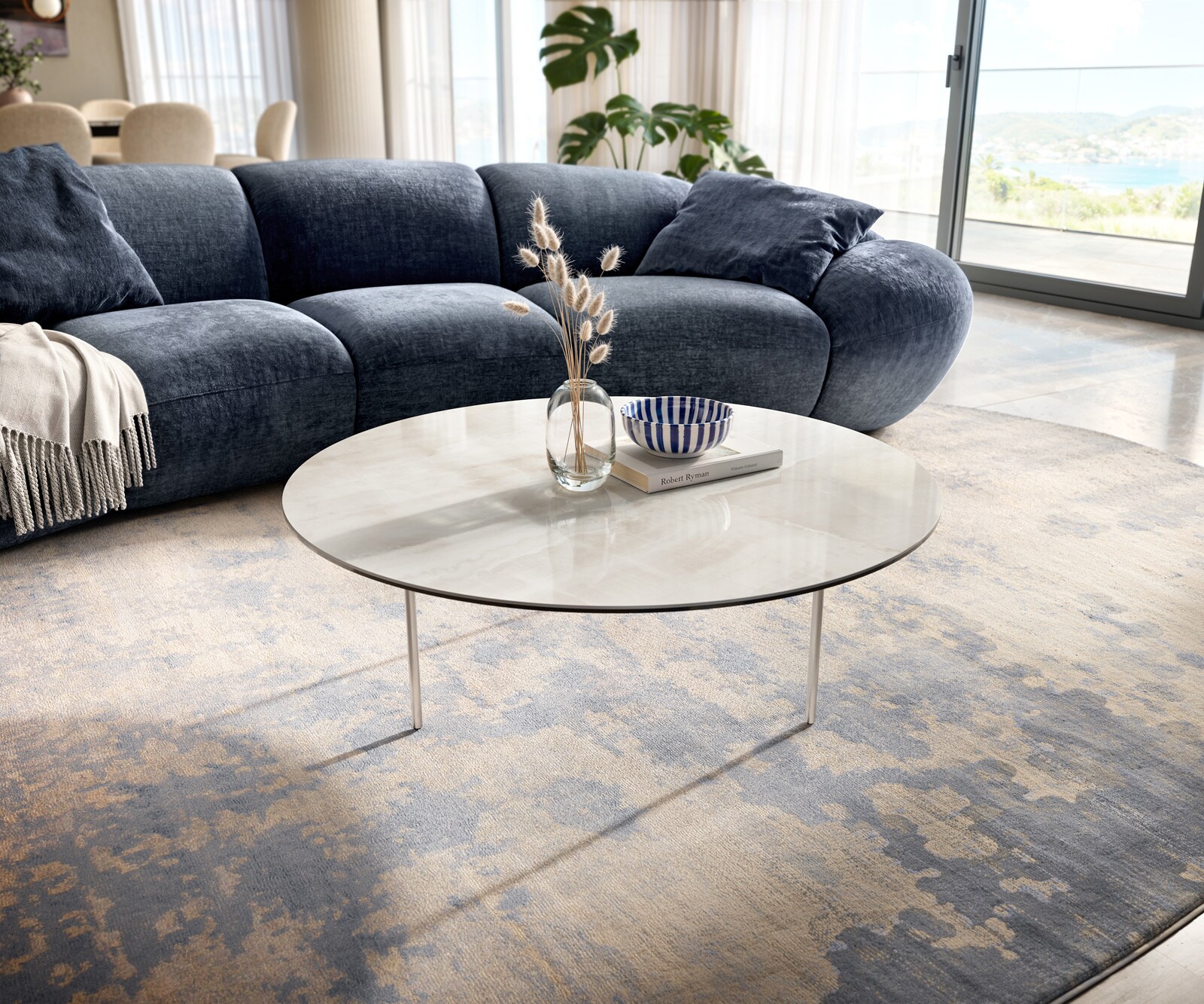 Stolik kawowy Edge okrągły 100x100 cm ceramika Onyx Champagne podstawa Trive stal nierdzewna szczotkowana 1
