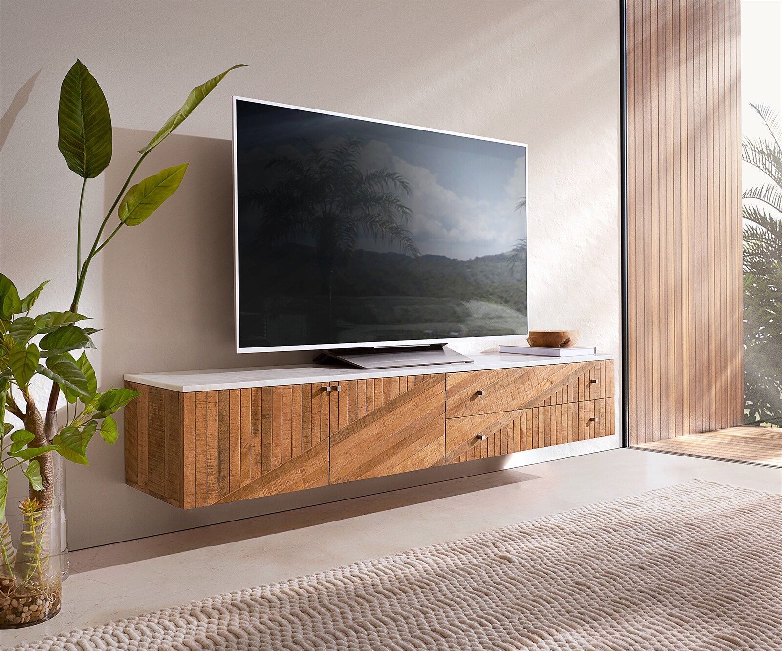 Szafka RTV Bahan 175 cm mango 2 drzwi 2 szuflady blat marmurowy biały podwieszana 1