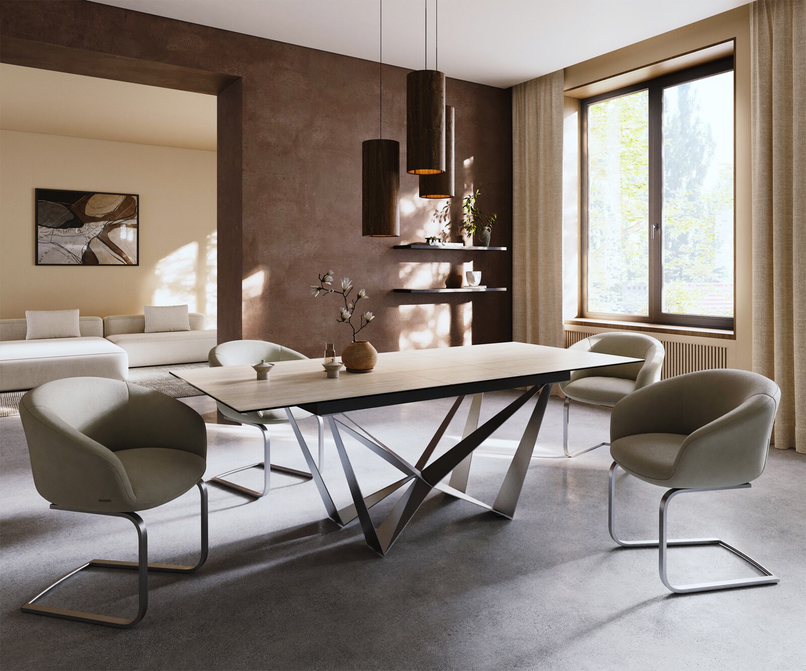 Stół do jadalni Edge 180-220x100cm ceramika Laminam® Travertino Bianco kremowo-biały rama Spider stal nierdzewna rozkładany 6