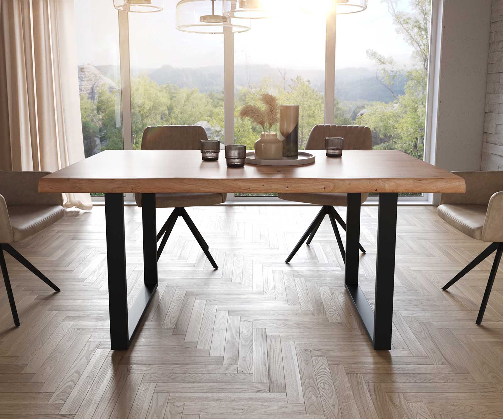 Stół do jadalni Edge 160x90cm XL akacja naturalna metal wąska rama czarne live-edge 1