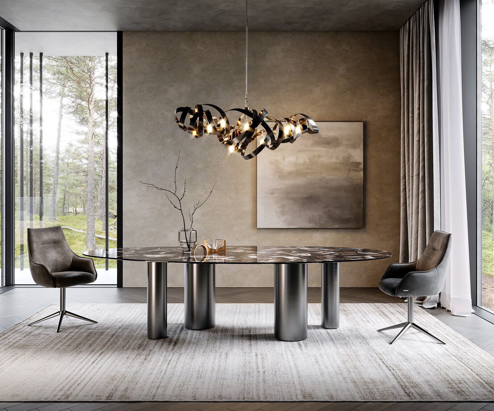 Stół do jadalni Edge owalny 280x130cm ceramika Iris FMG Agatablack rama Pilier stal nierdzewna grafit 2