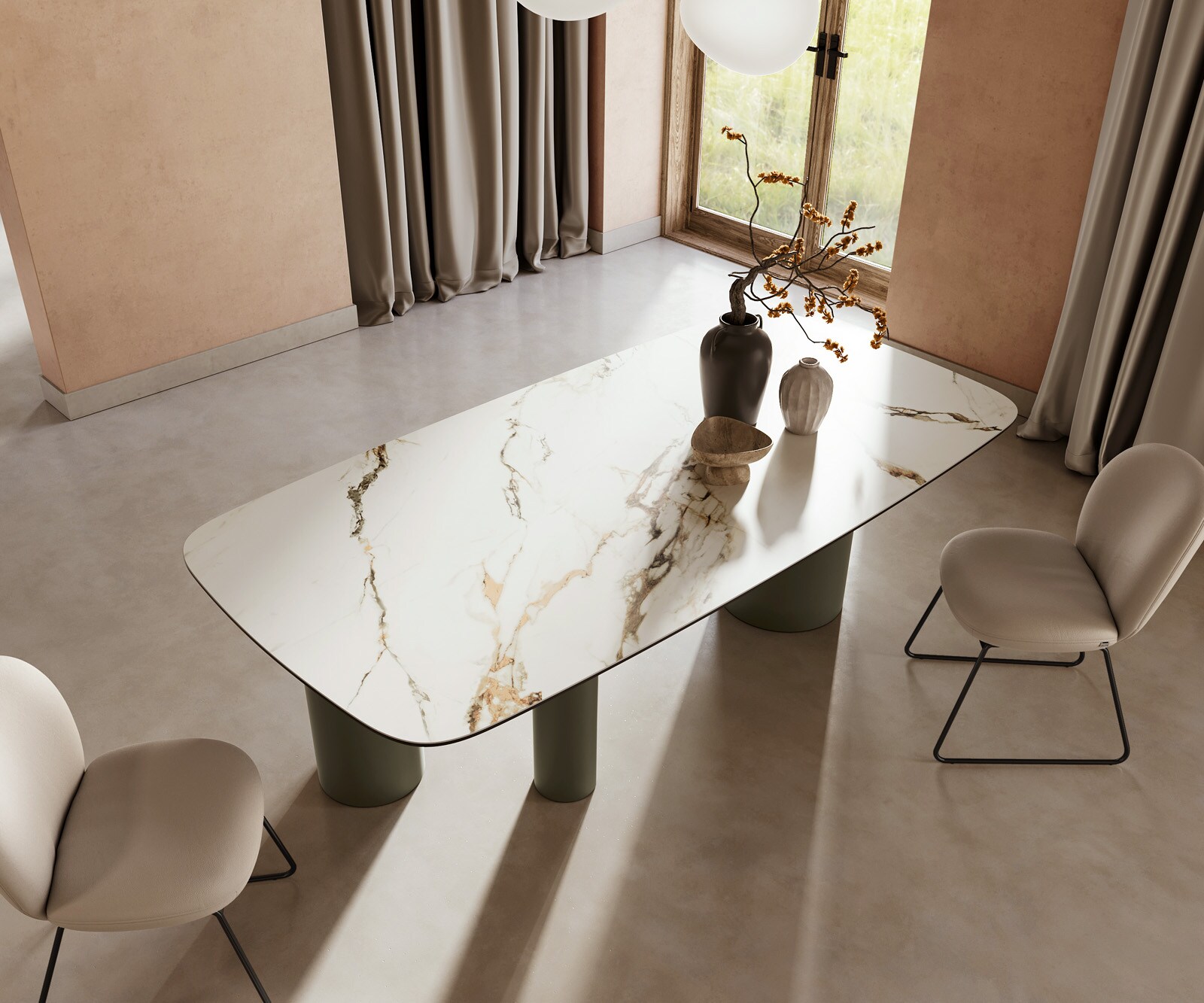Stół do jadalni Edge kształt beczki 240x120cm ceramika Calacatta Luxe biało-złoto-szary rama Troa metal kolor tytanowy 4
