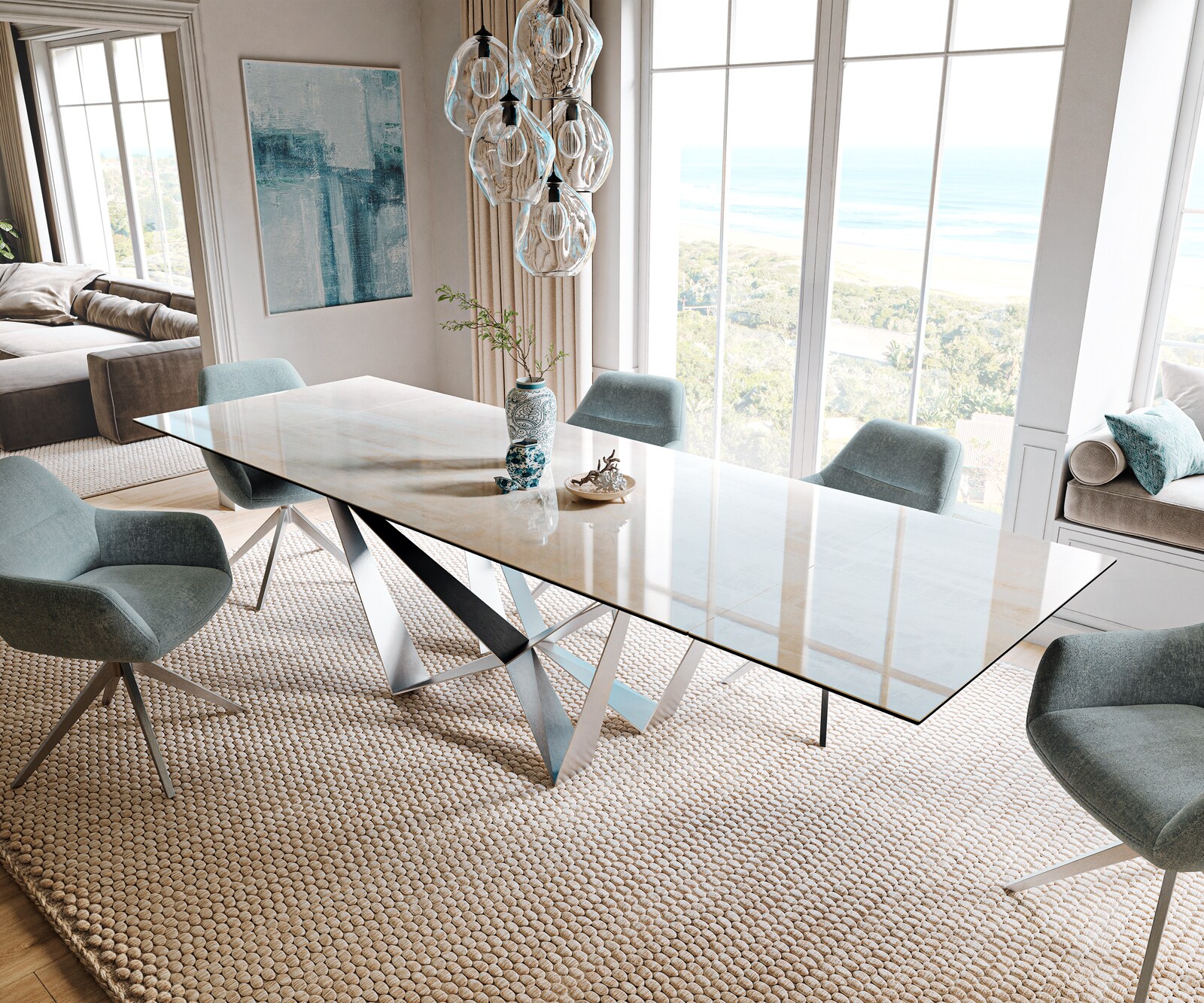 Stół do jadalni Edge 200-300x100cm ceramika Onyx Champagne rama Spider stal nierdzewna rozkładany