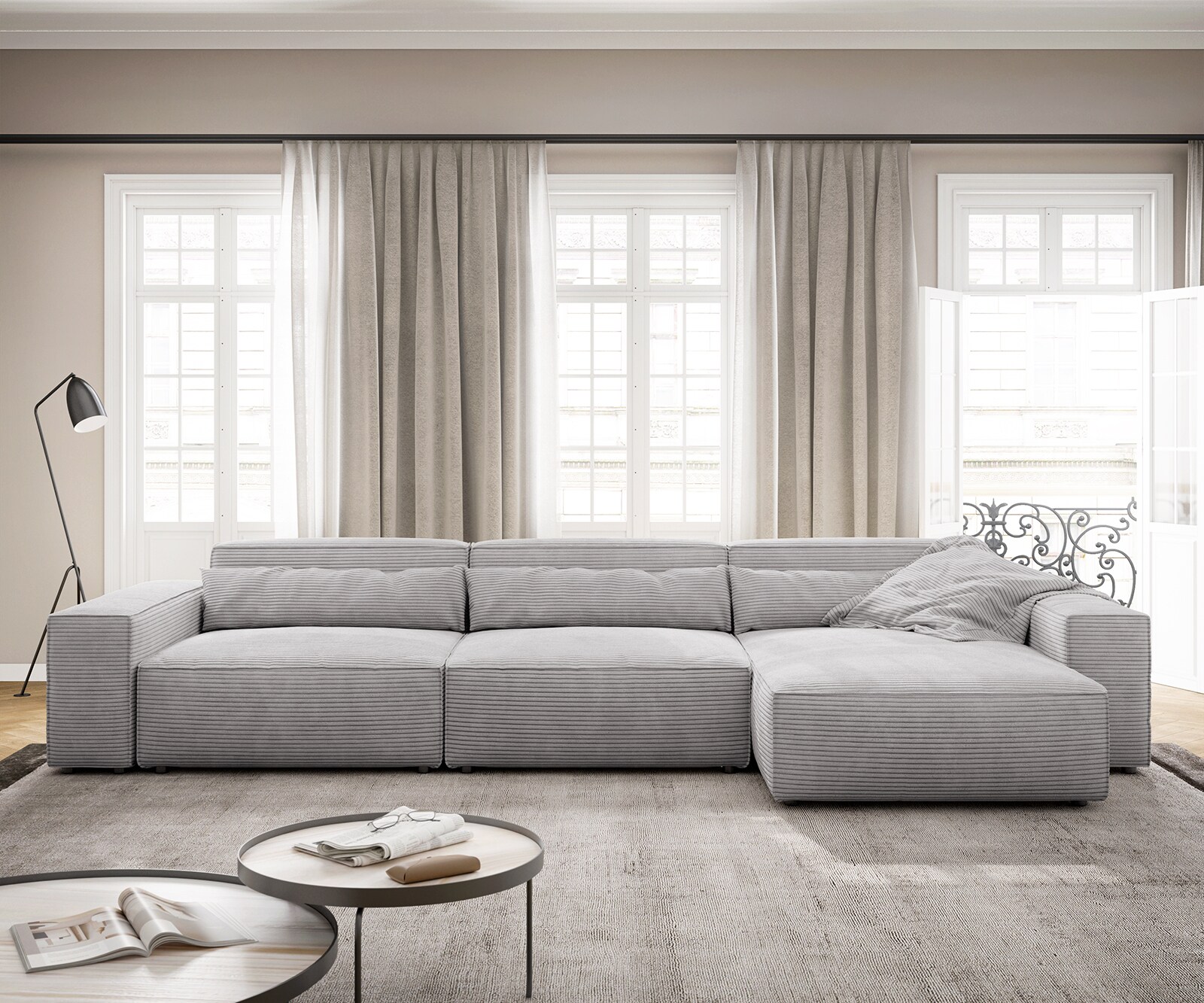 Sofa narożna Sirpio XL 370x170cm sztruks srebrno-szary szezlong z możliwością zmiennego ustawienia 1