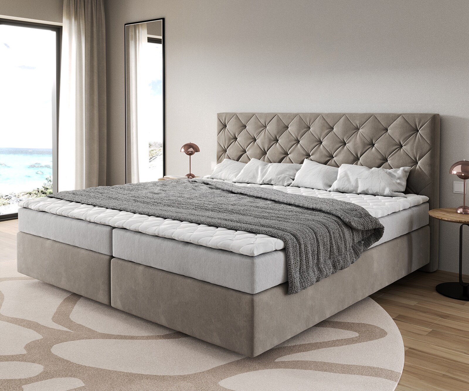 Łóżko kontynentalne Dream-Great mikrofibra beżowa 200x200cm materac bonellowy topper PU