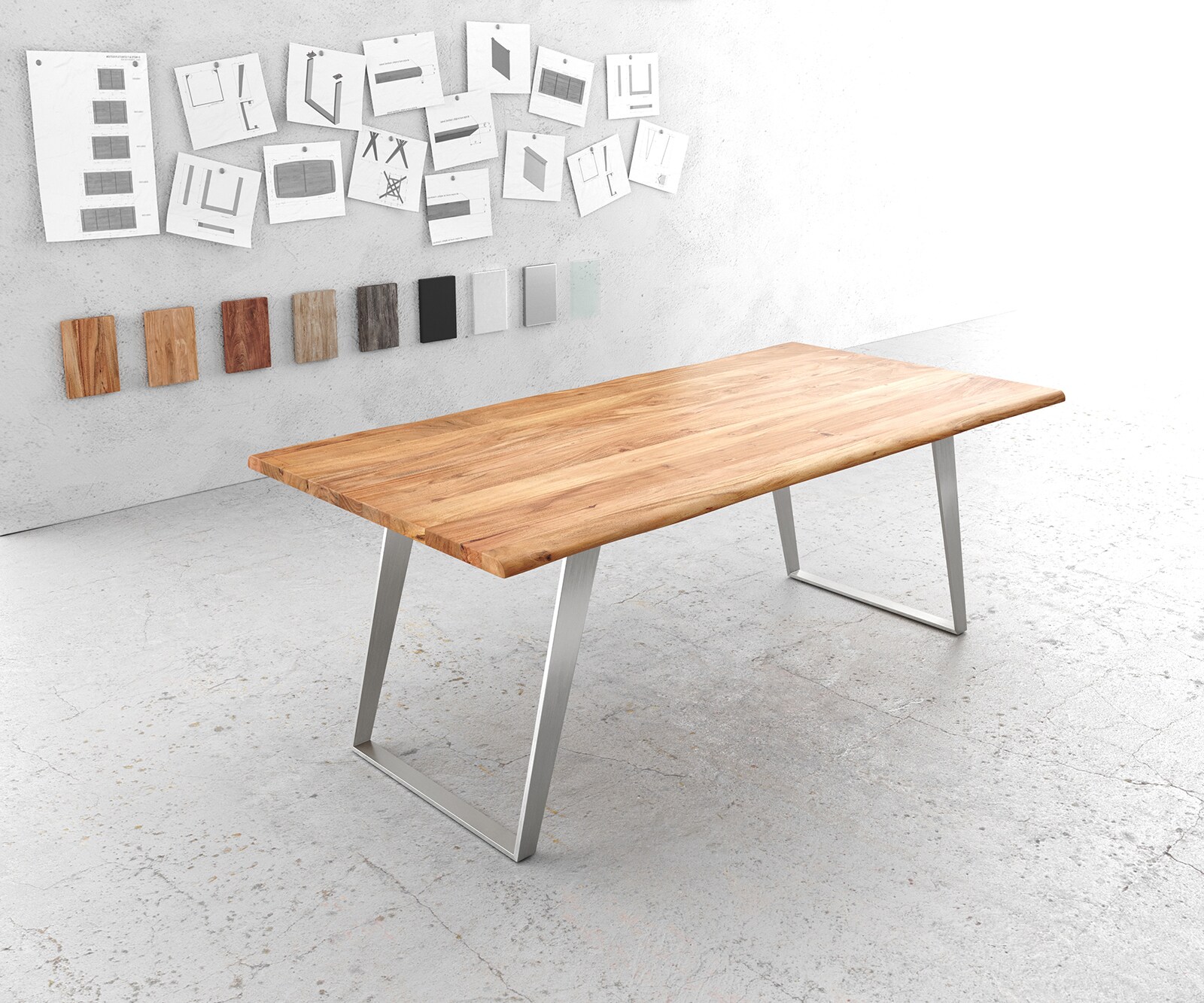 Stół do jadalni Edge 200x100 cm akacja naturalna stal nierdzewna srebrna pochylona rama live-edge 1