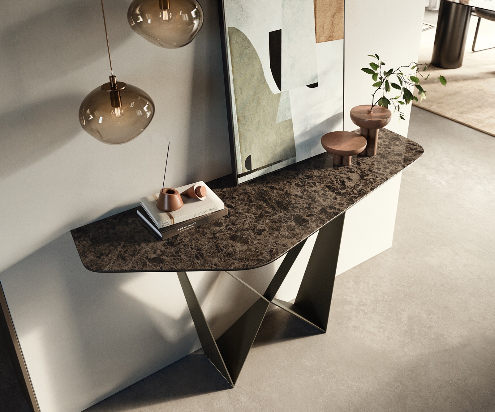 Konsola Edge wielokątna 140x50 cm ceramika Emperador Extra Lucidato ciemnobrązowa podstawa Spios metal w kolorze tytanu 2