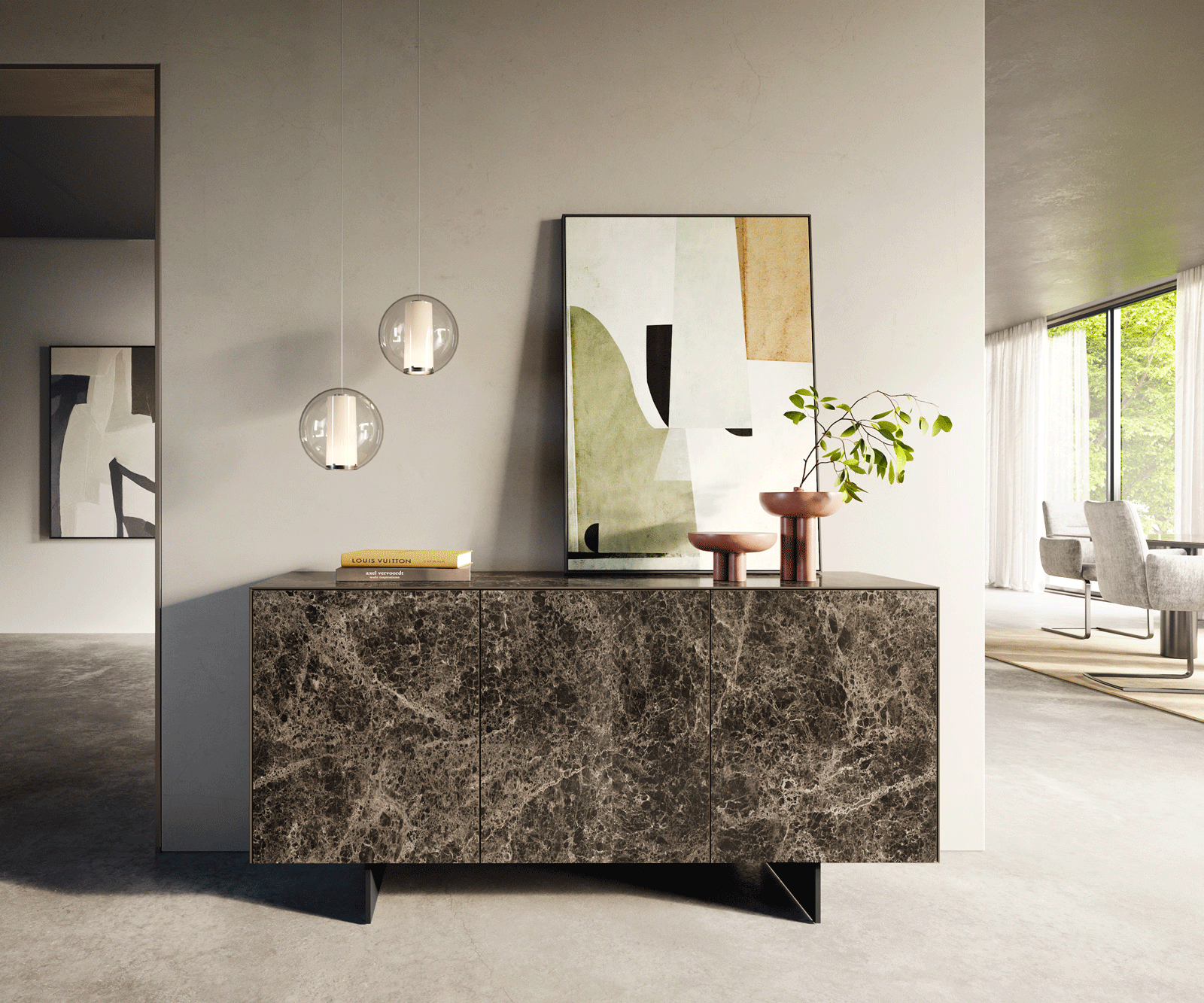 Komoda Cuor 150 cm ceramika Emperador Extra Lucidato ciemnobrązowa 3 drzwi nóżki wąskie czarny metal 2