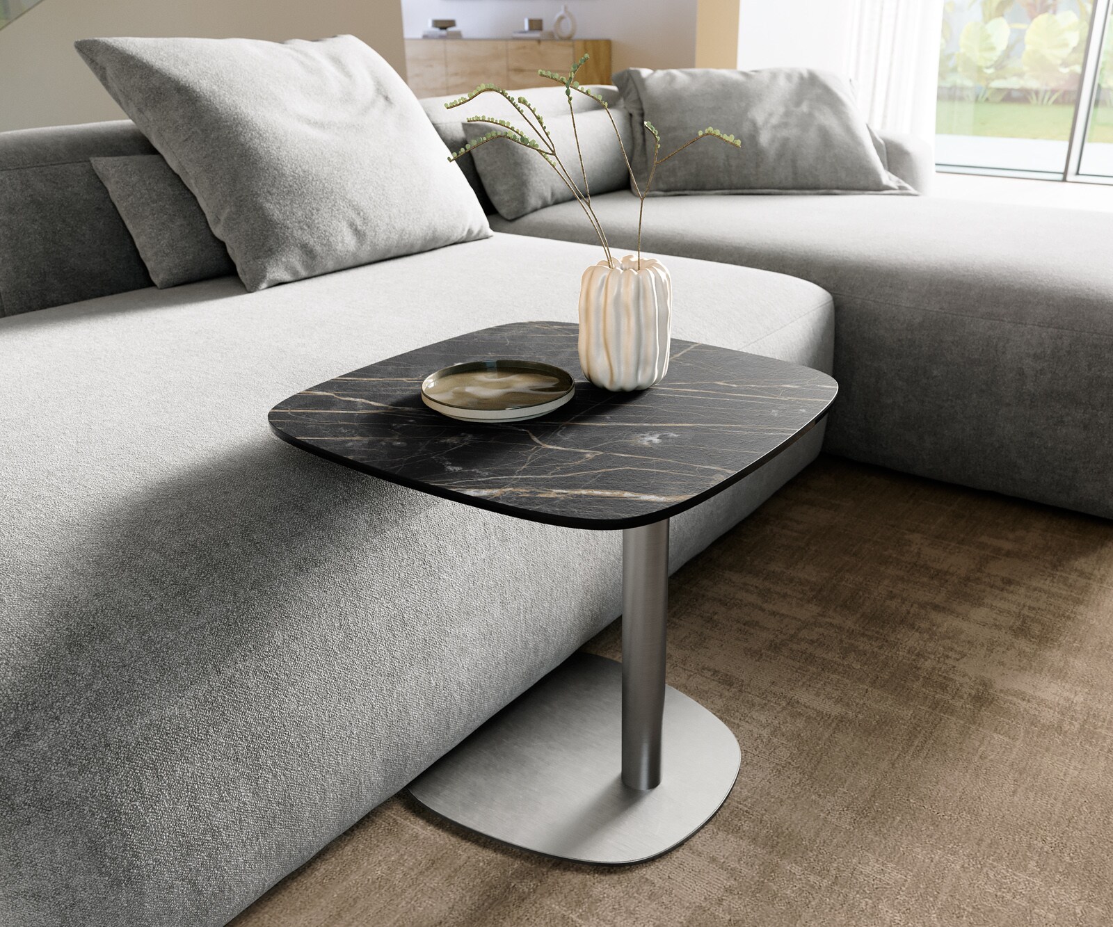 Stolik kawowy Edge w kształcie beczki 50x50 cm Laminam® Noir Desir brązowy podstawa Eleny stal nierdzewna szczotkowana