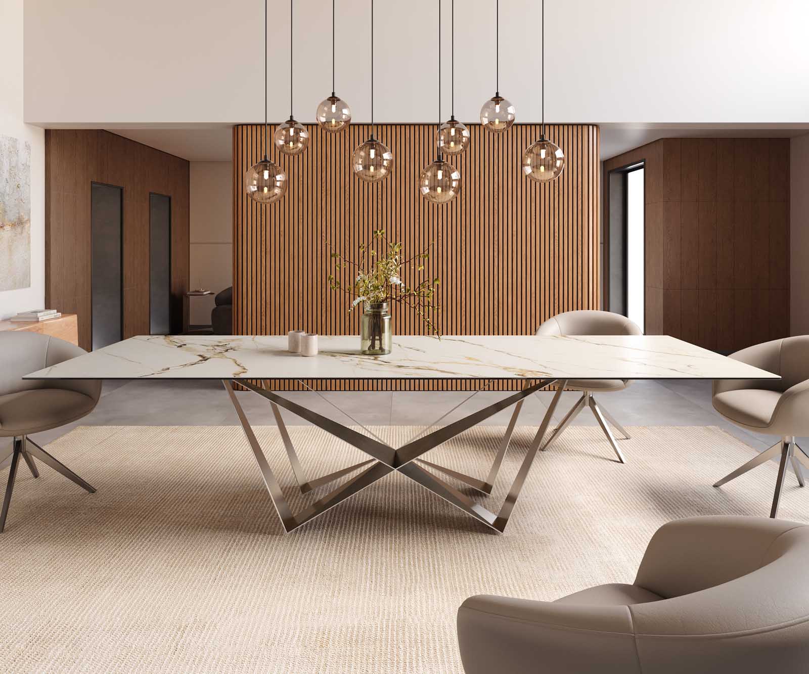 Stół do jadalni Edge 300x100cm ceramika Calacatta Luxe biało-złoto-szary rama Spider stal nierdzewna 2