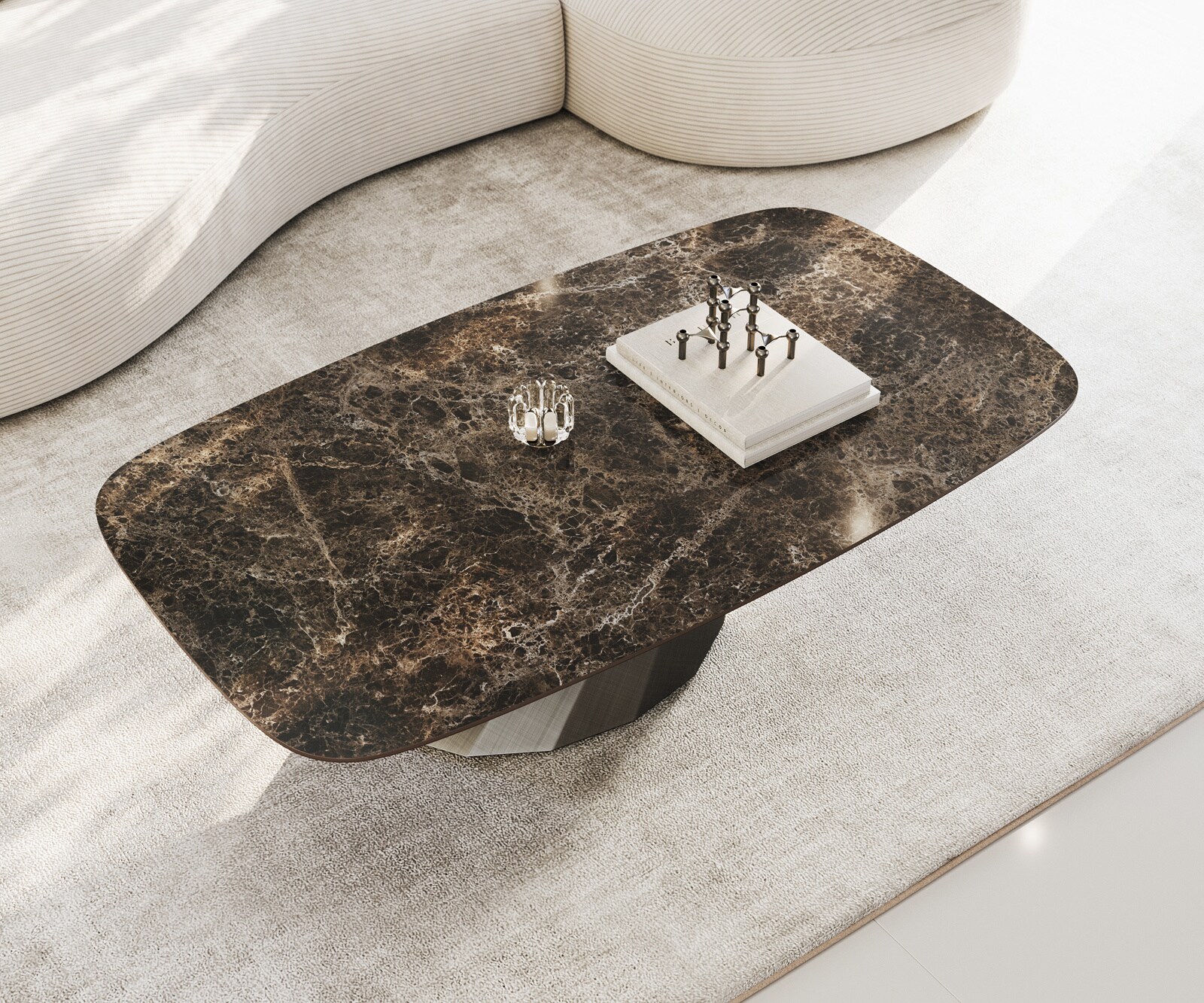 Stolik kawowy Edge w kształcie beczki 140x80 cm ceramika Laminam® Emperador Extra Lucidato ciemnobrązowa podstawa Parabi metaliczny srebrny 4