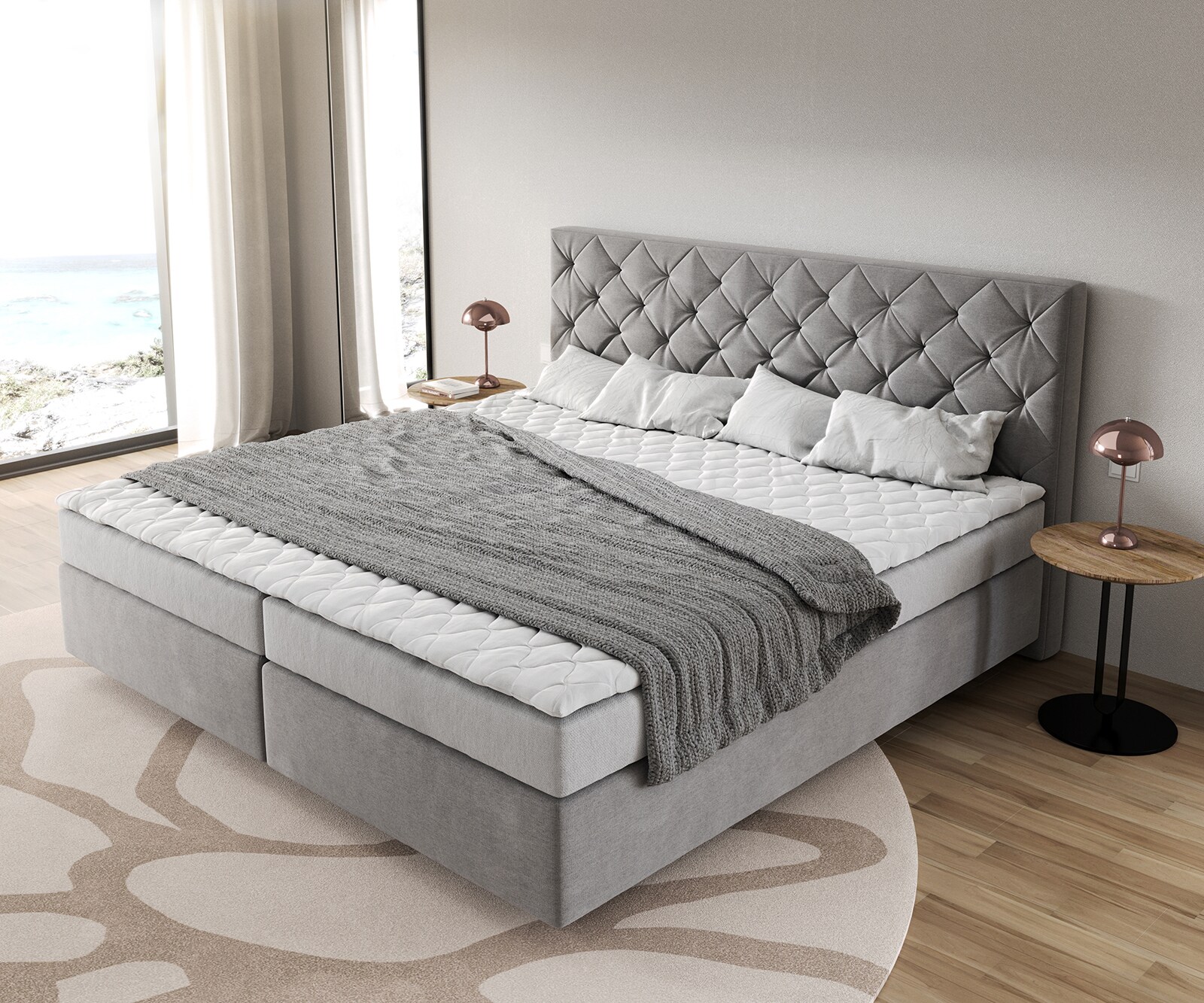 Łóżko kontynentalne Dream-Great mikrofibra szara 200x200cm materac bonellowy topper PU 3