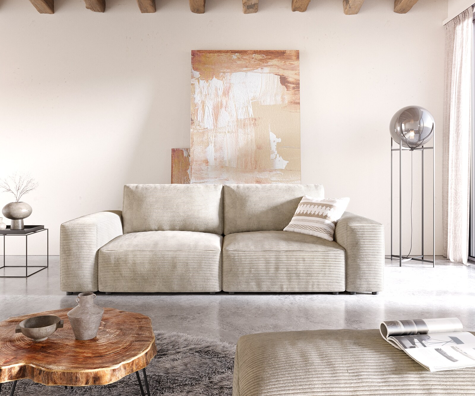 Sofa Lanzo 230x95 cm sztruks beżowy z pufem 1
